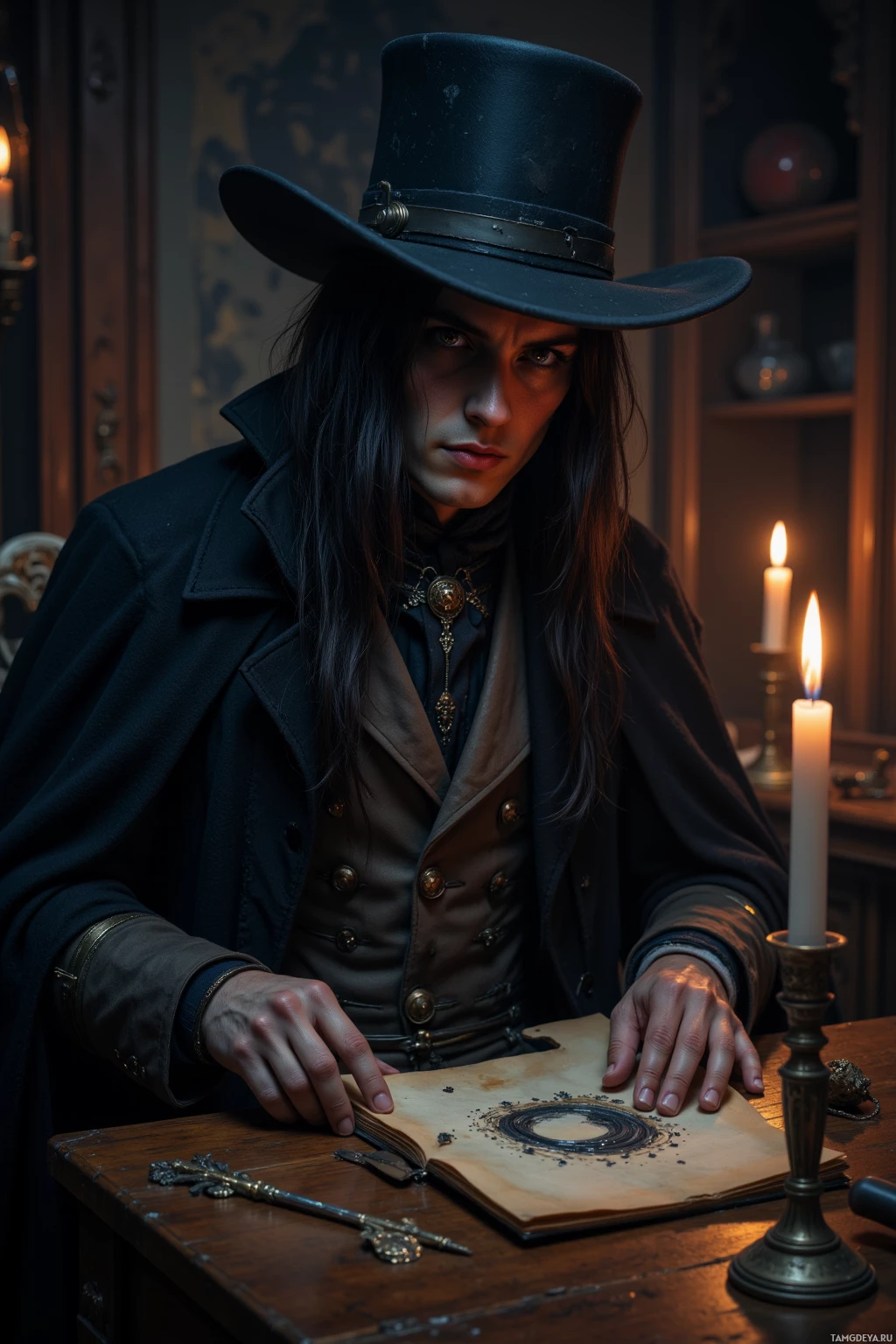 A person in a Victorian-style outfit sits at a desk with a book and a lit candle.