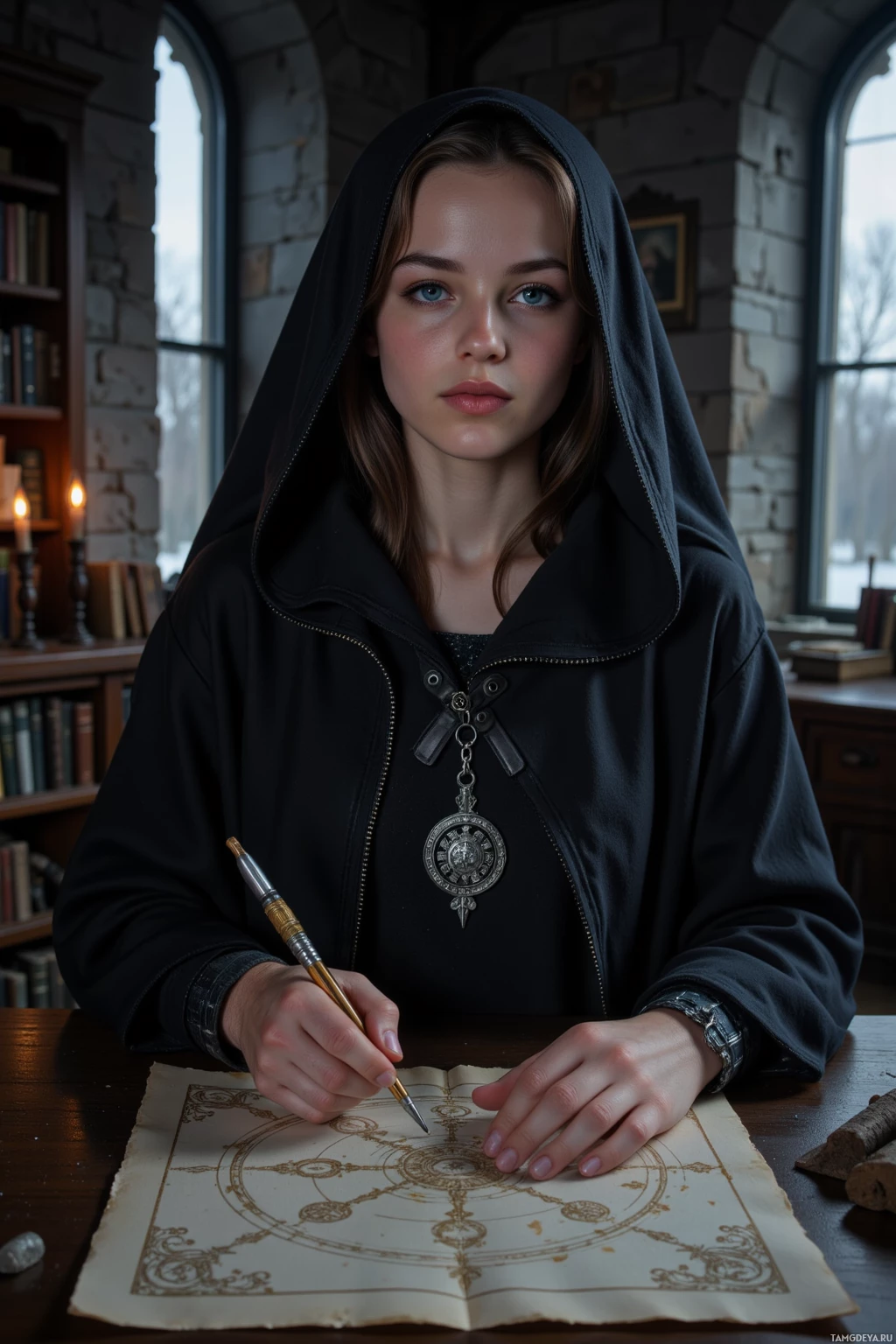 A person in a hooded cloak is seated at a table, drawing on a parchment with a quill.