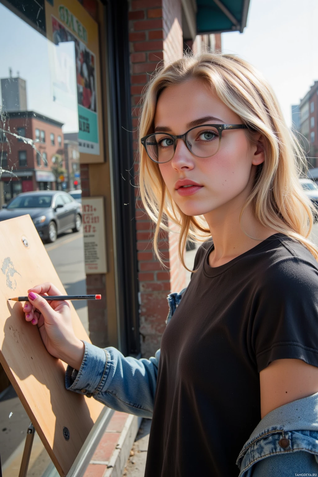 A person wearing glasses and a black shirt is holding a pencil, standing outdoors near a storefront.