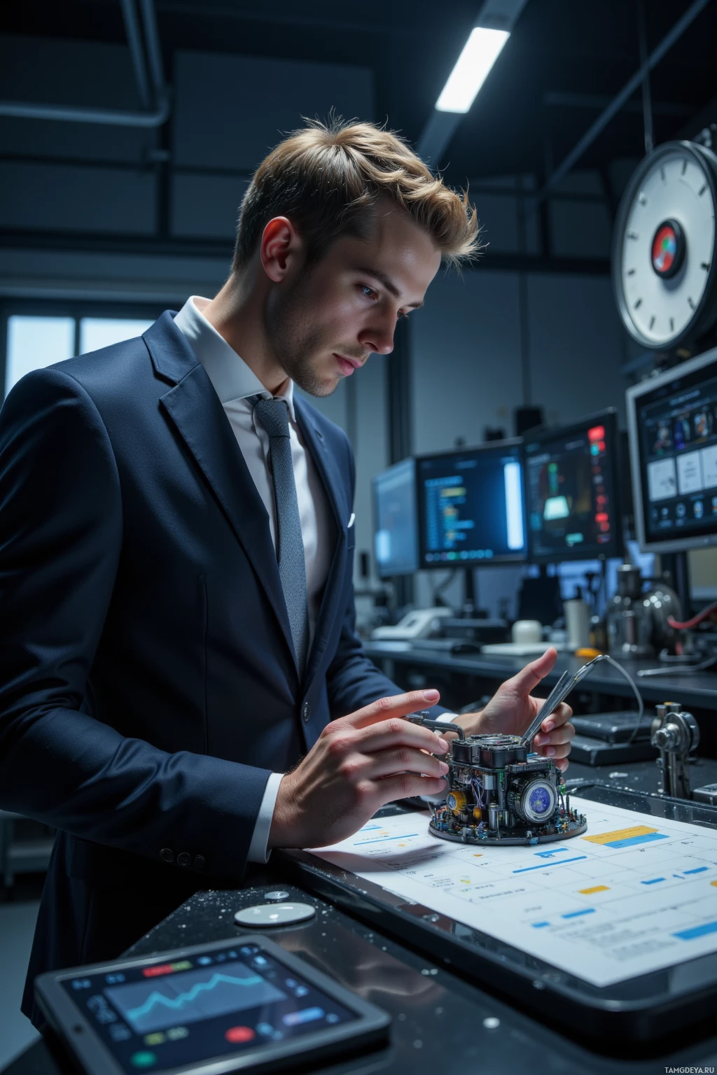 A man in a suit examines a small electronic device in a modern workspace.