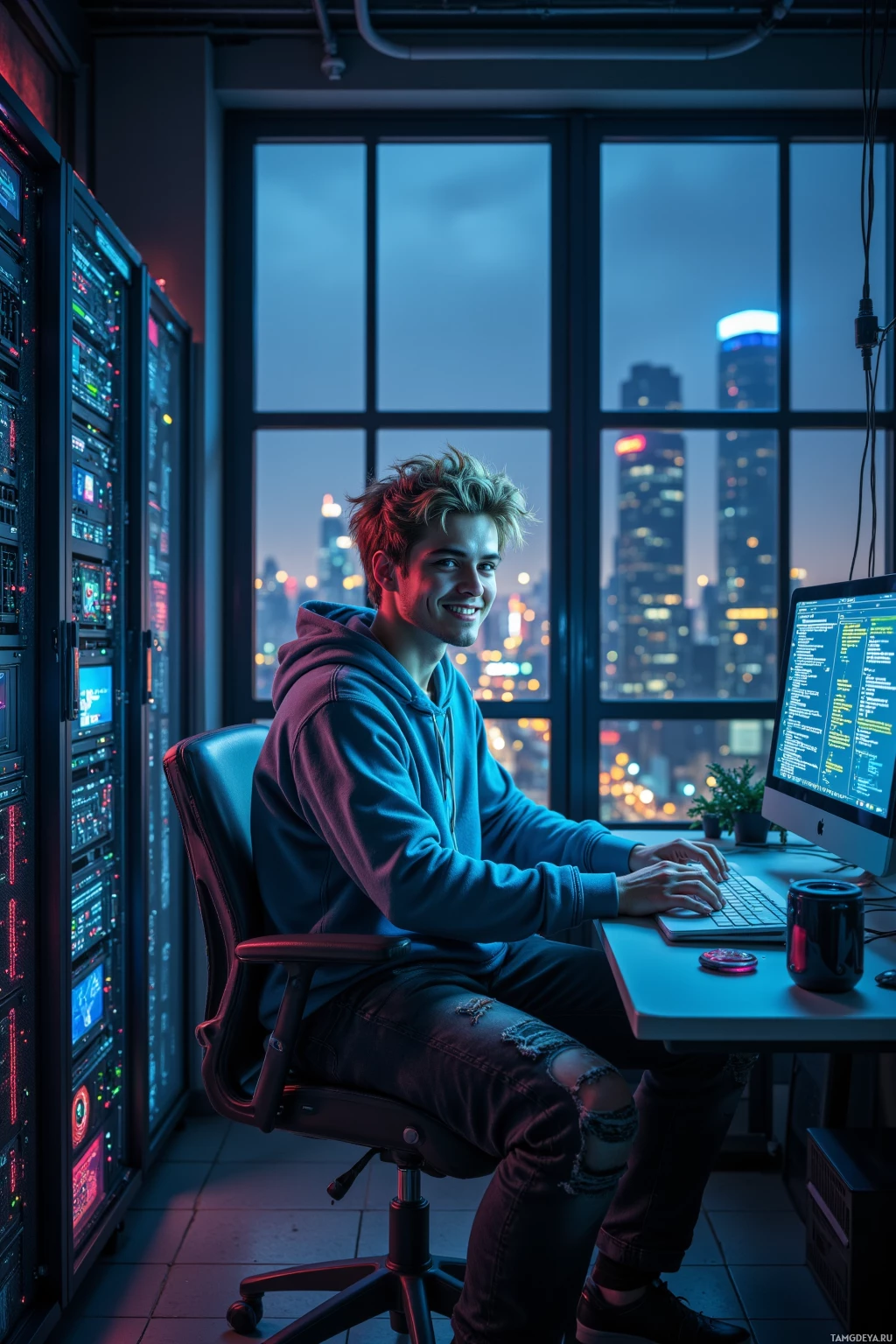 A young person sits at a desk in a tech environment, working on a computer with a cityscape visible through the window.