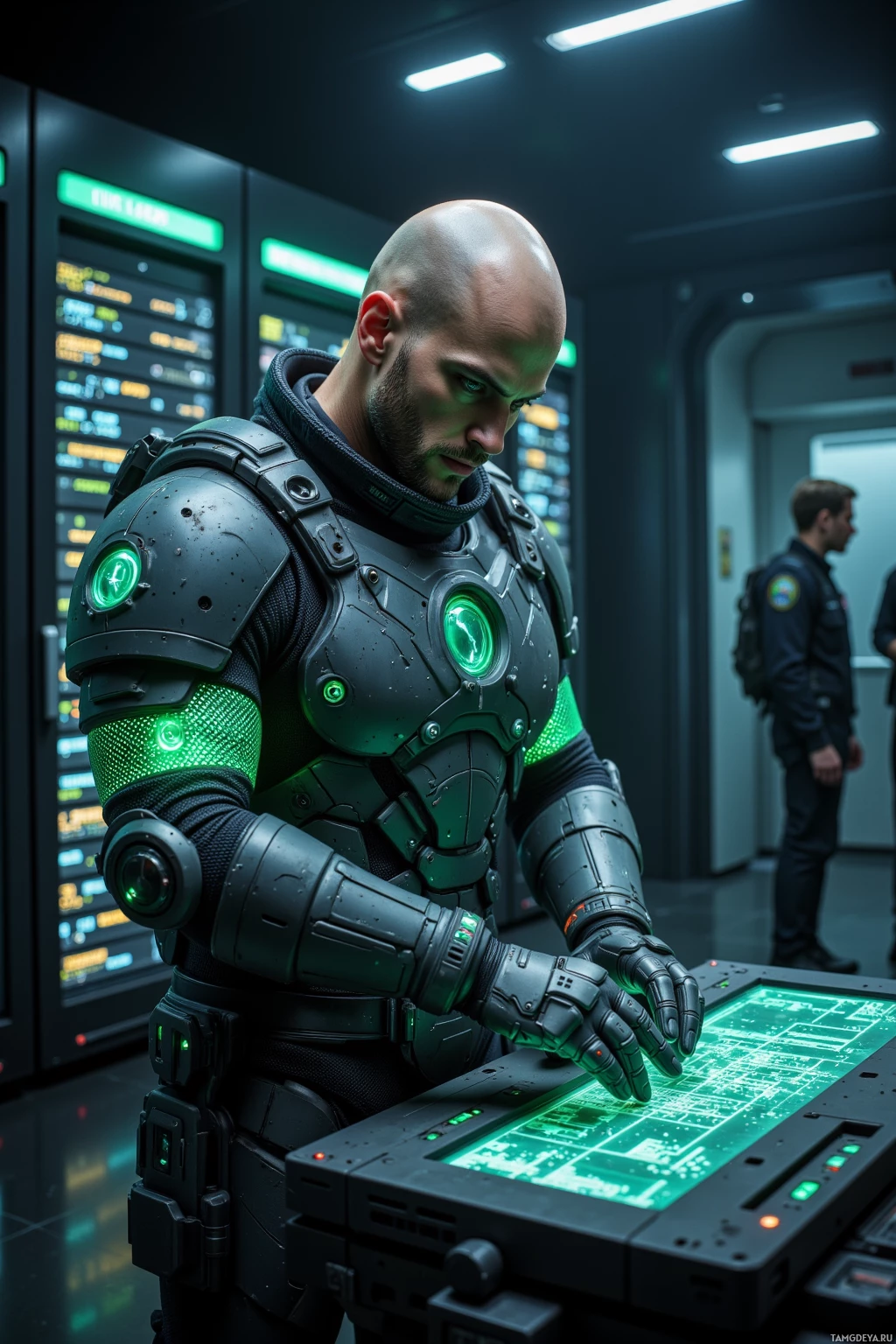 A person in futuristic armor operates a high-tech console in a dimly lit, high-tech environment.