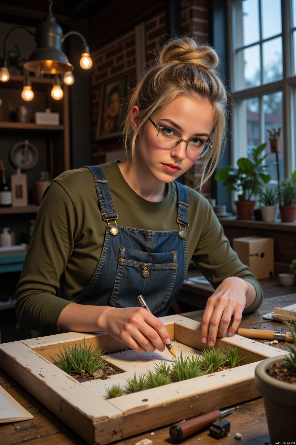 A person wearing glasses and overalls is working on a small wooden project with plants.