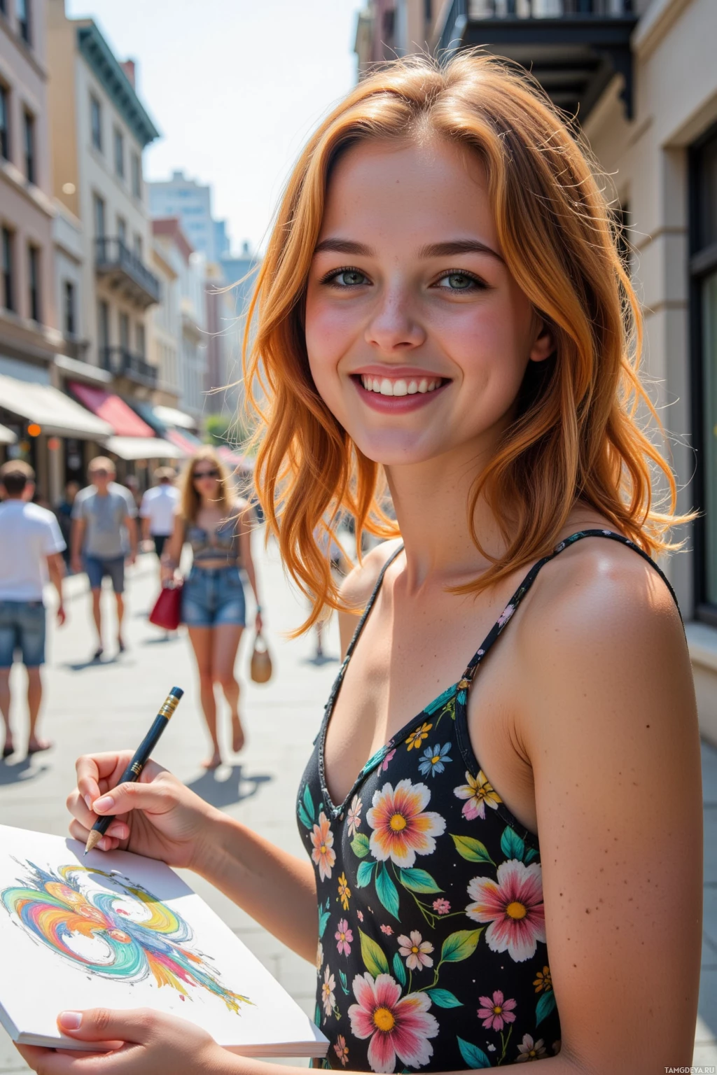 A woman with red hair smiles while holding a pencil and a drawing.