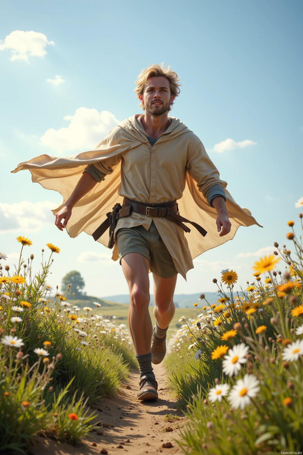 A man in a beige hooded shirt and shorts walks along a dirt path surrounded by wildflowers under a clear blue sky.