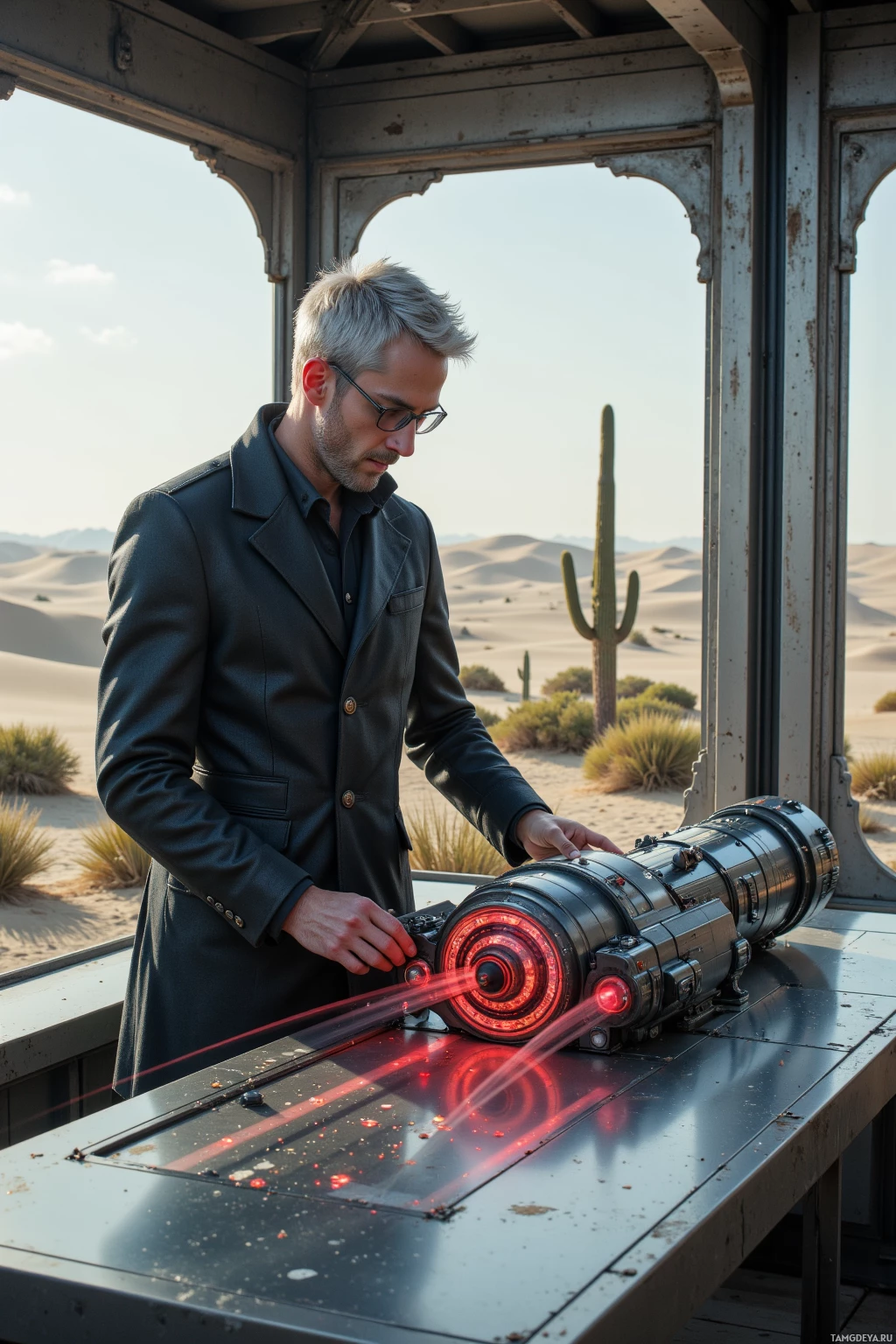 A man in a suit stands in a desert, examining a futuristic device with glowing red lights.
