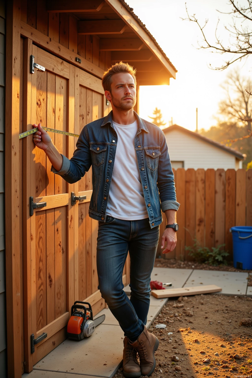 A man in a denim jacket and jeans stands outdoors near a wooden shed, holding a tape measure.