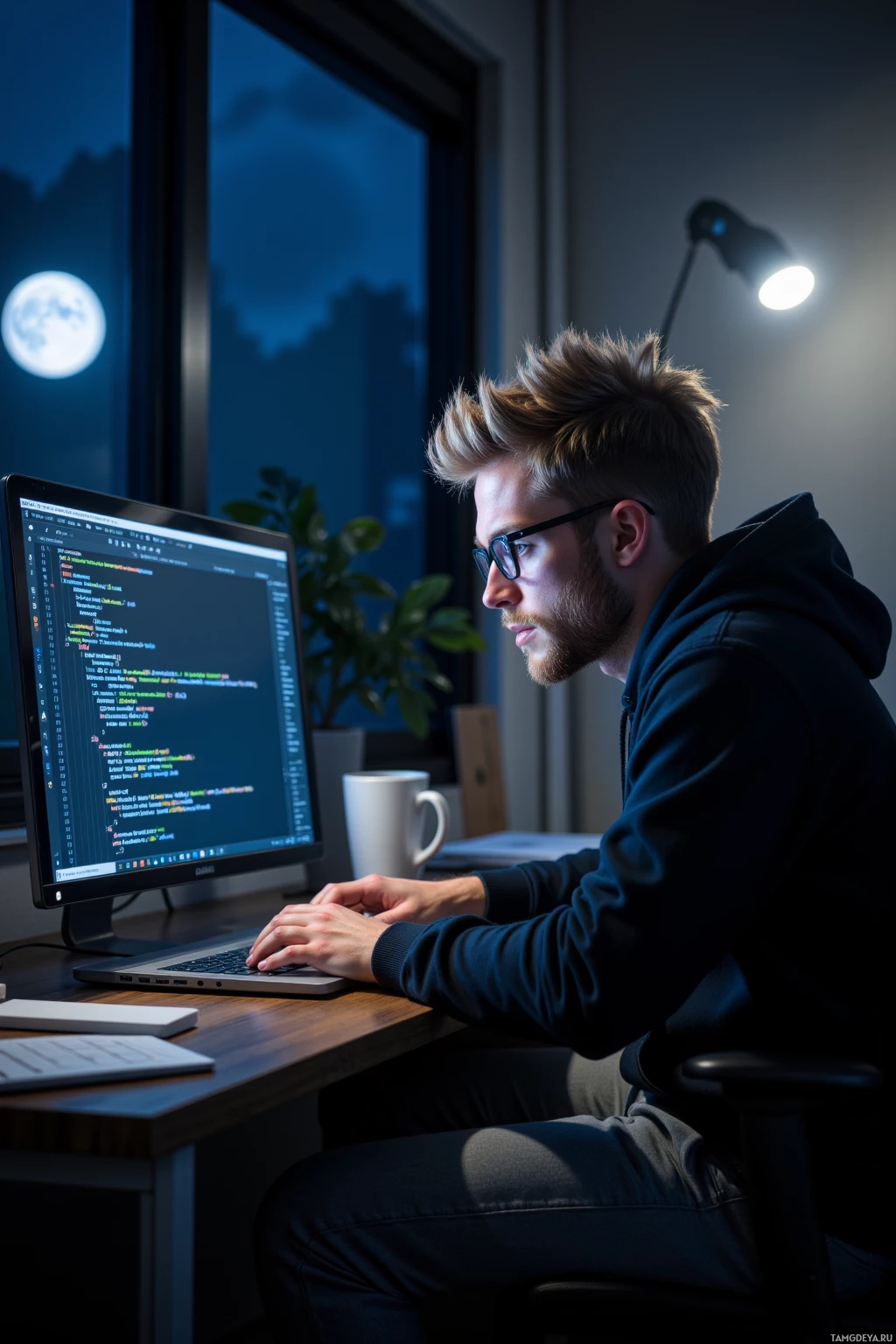 A person is working on a computer in a dimly lit room with a moon visible through the window.
