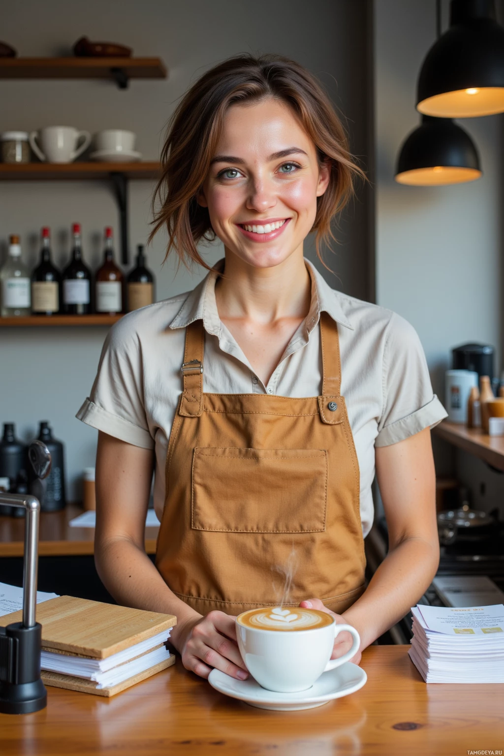 A person in a beige shirt and apron holds a steaming cup of coffee at a cafe counter.