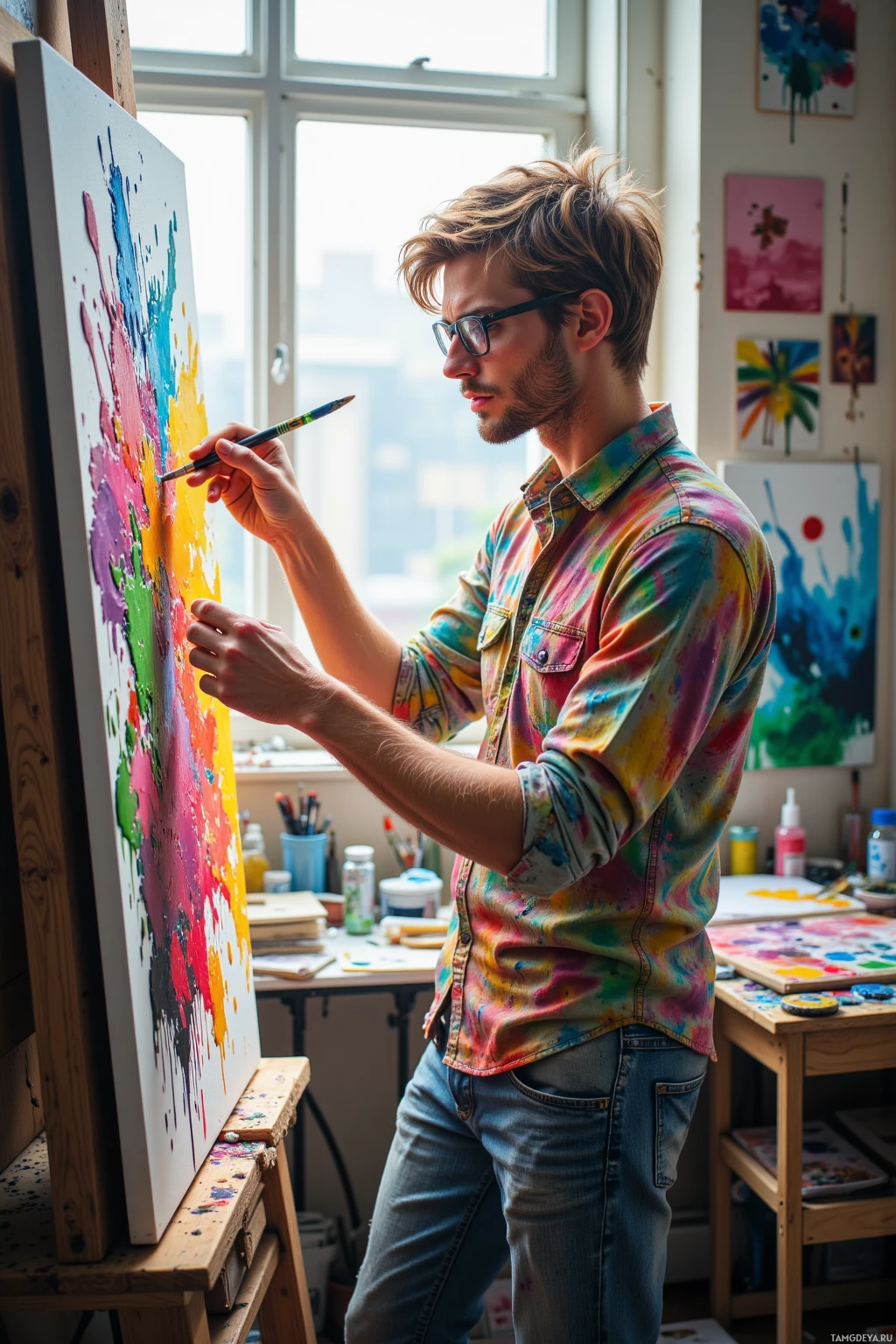 A person wearing a tie-dye shirt is painting on a canvas in a studio.