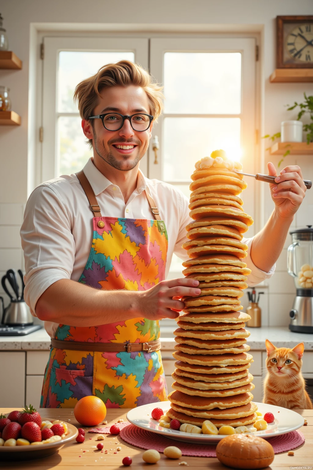 A man in a colorful apron stands in a kitchen, holding a knife as he prepares a tall stack of pancakes.
