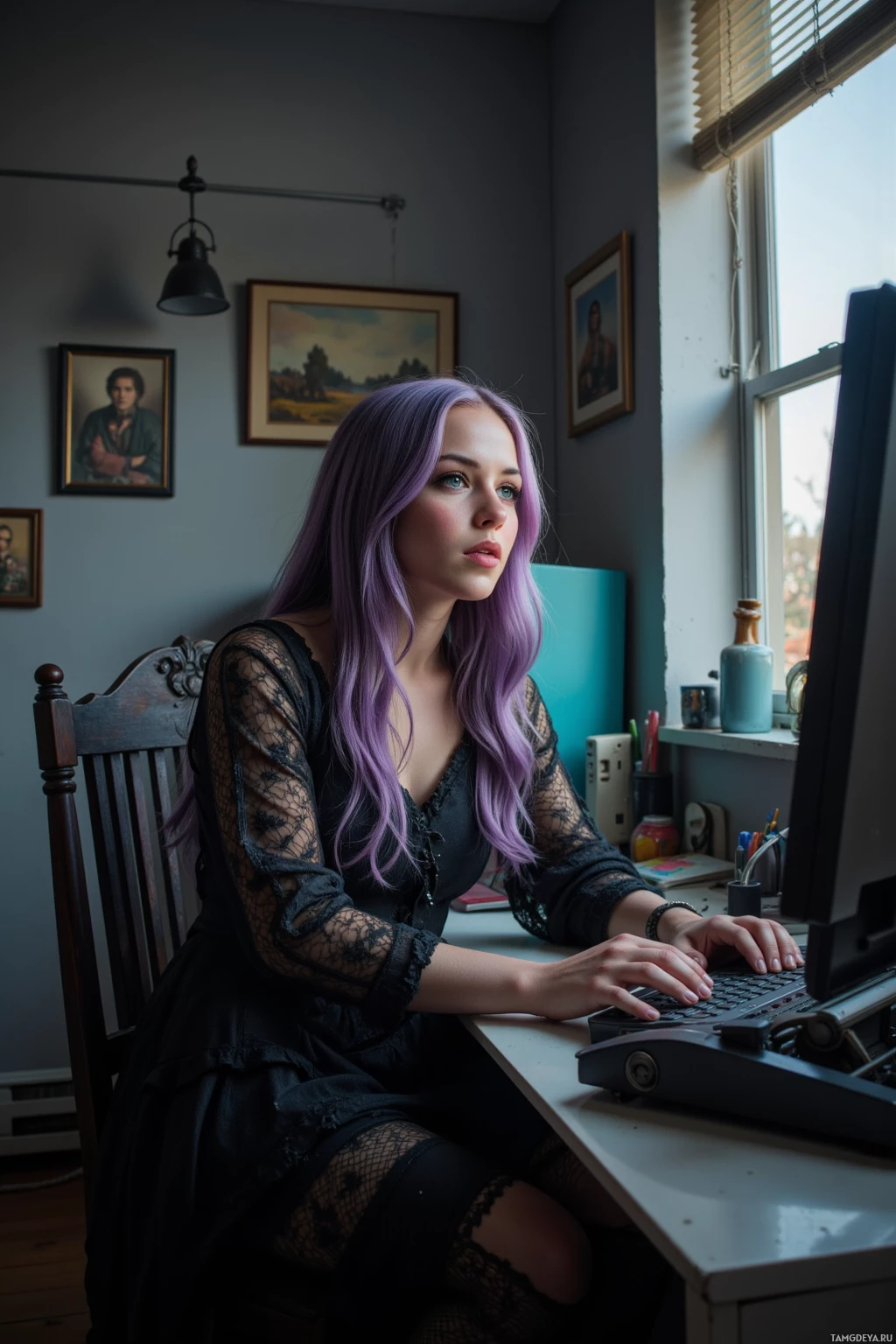 A person with purple hair sits at a desk, working on a computer in a room with framed pictures on the wall.