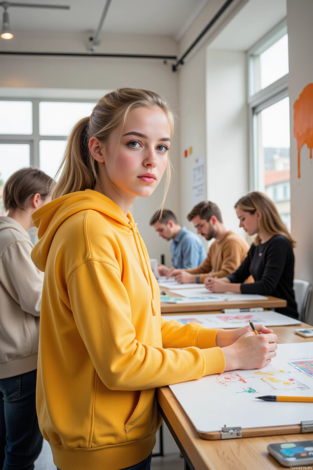 Students are engaged in a classroom activity, focusing on their work at desks.