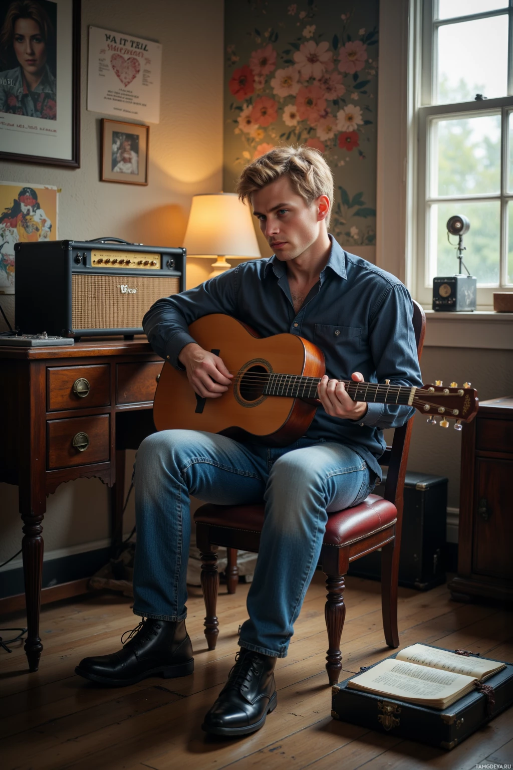 A person sits in a chair playing an acoustic guitar in a cozy room with a lamp and framed pictures on the wall.