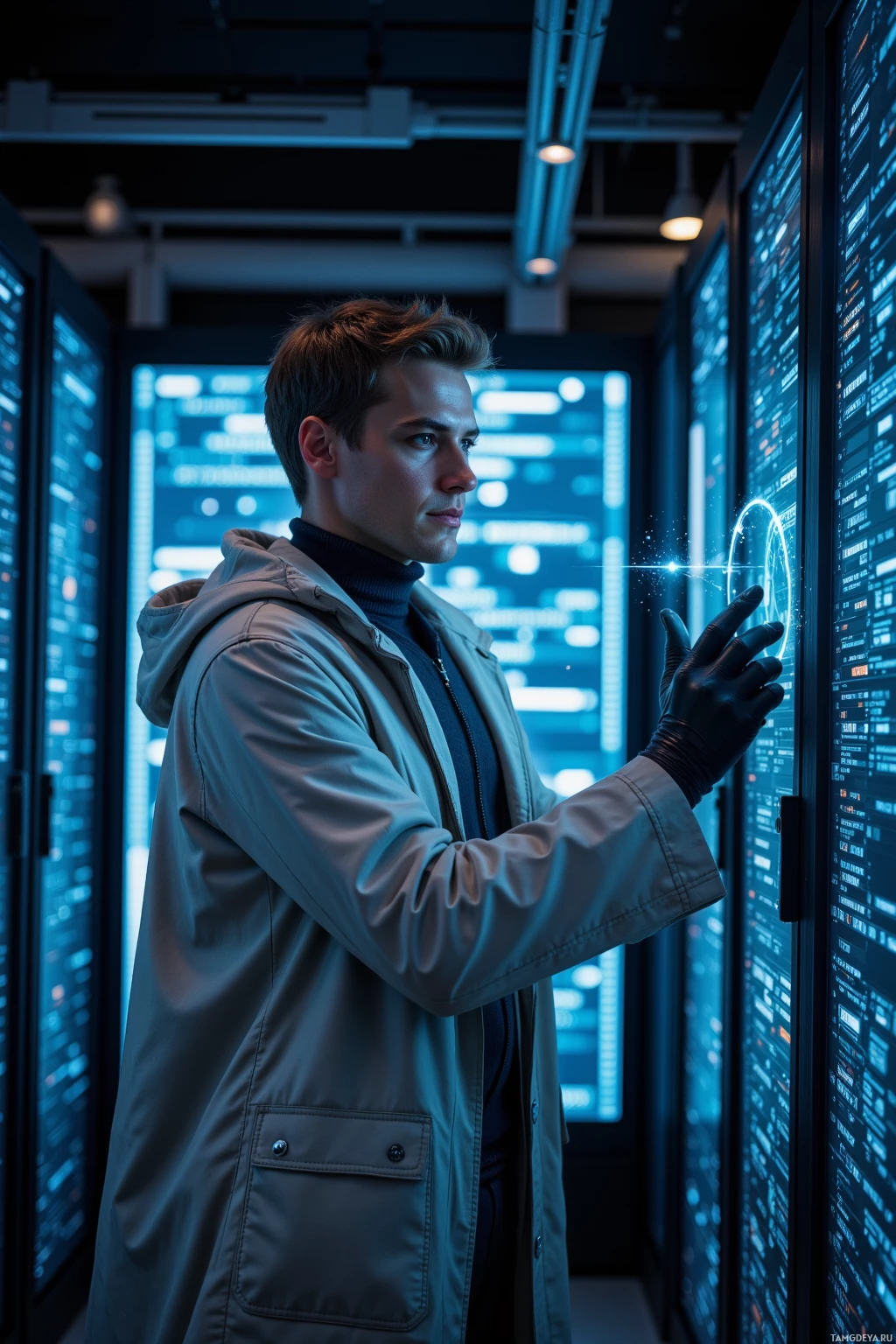 A person in a lab coat and gloves interacts with a high-tech interface in a futuristic setting.