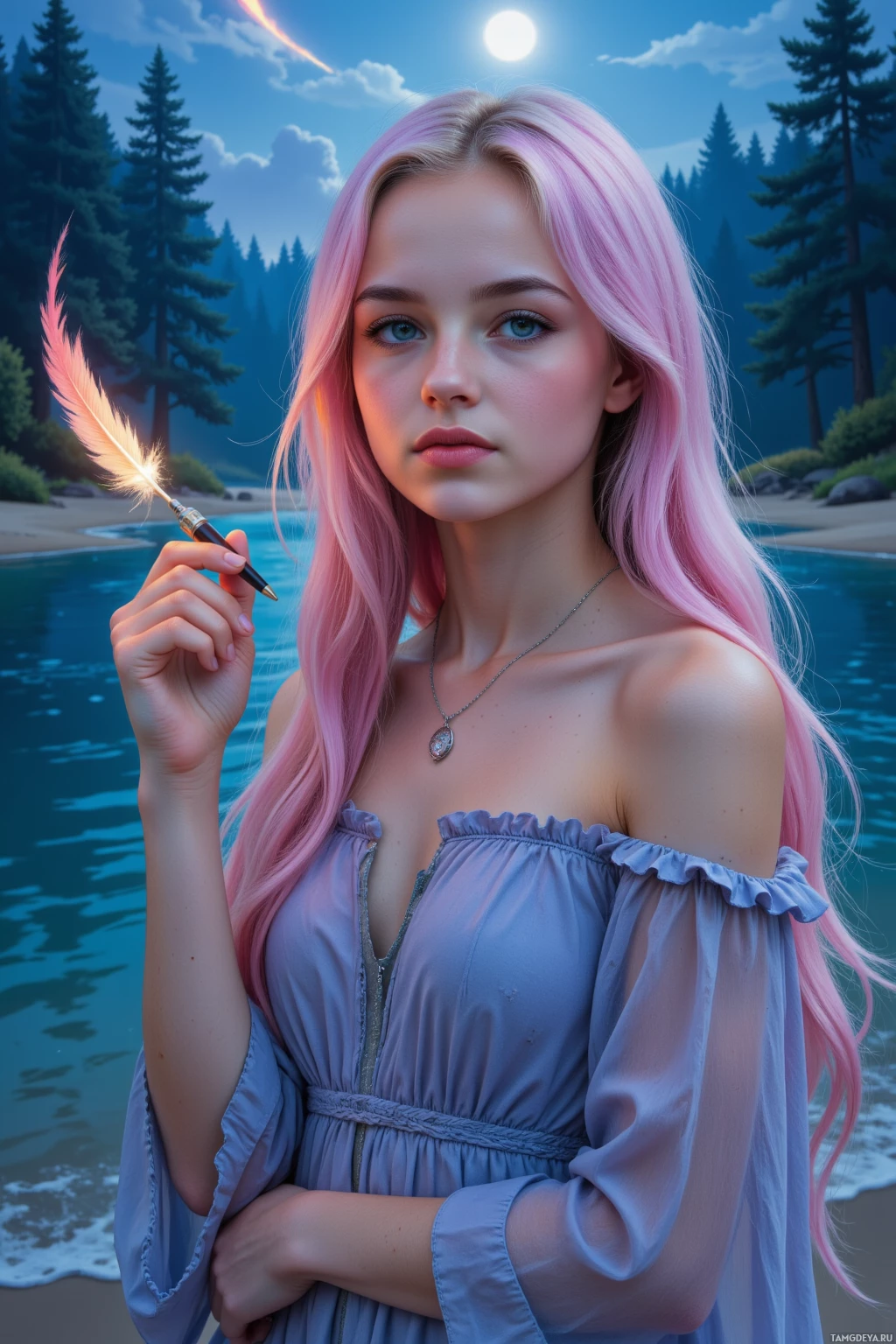 A woman with long pink hair stands by a serene lake, holding a feather pen.