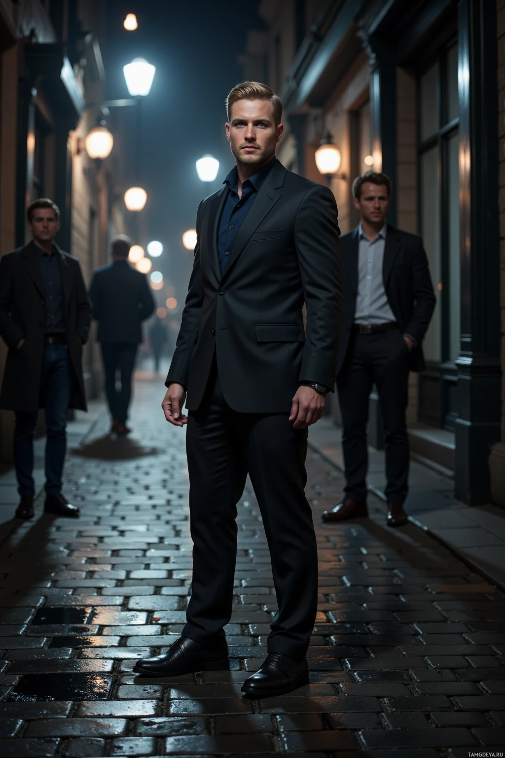 A man in a suit stands on a cobblestone street at night, illuminated by streetlights.