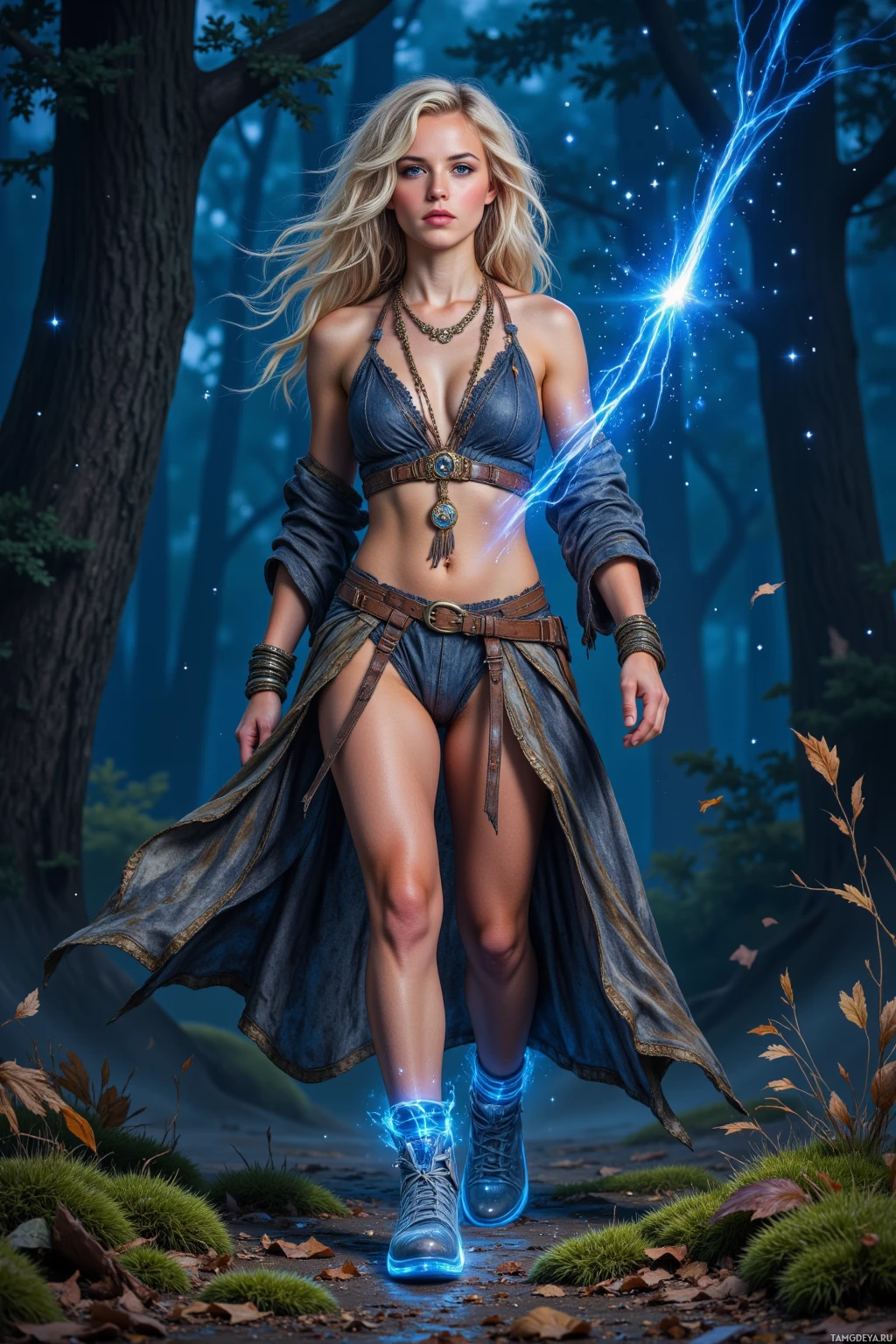 A woman in a fantasy outfit stands in a forest with glowing blue energy.