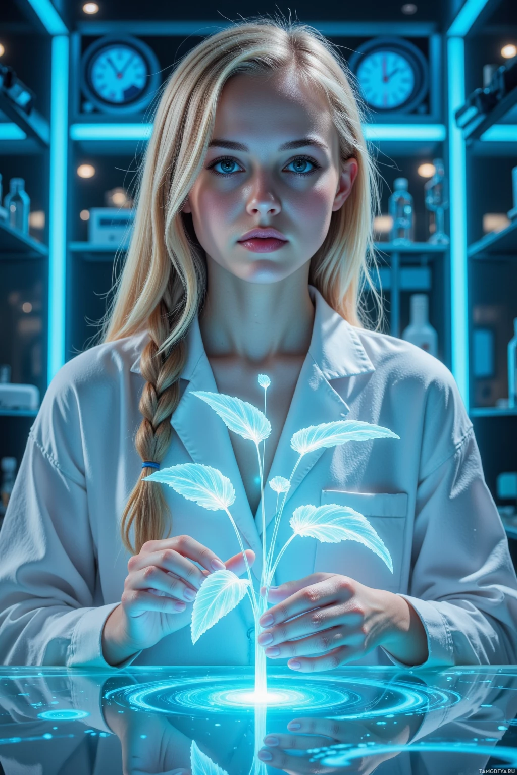 A person in a lab coat holds a glowing, futuristic plant in a high-tech environment.