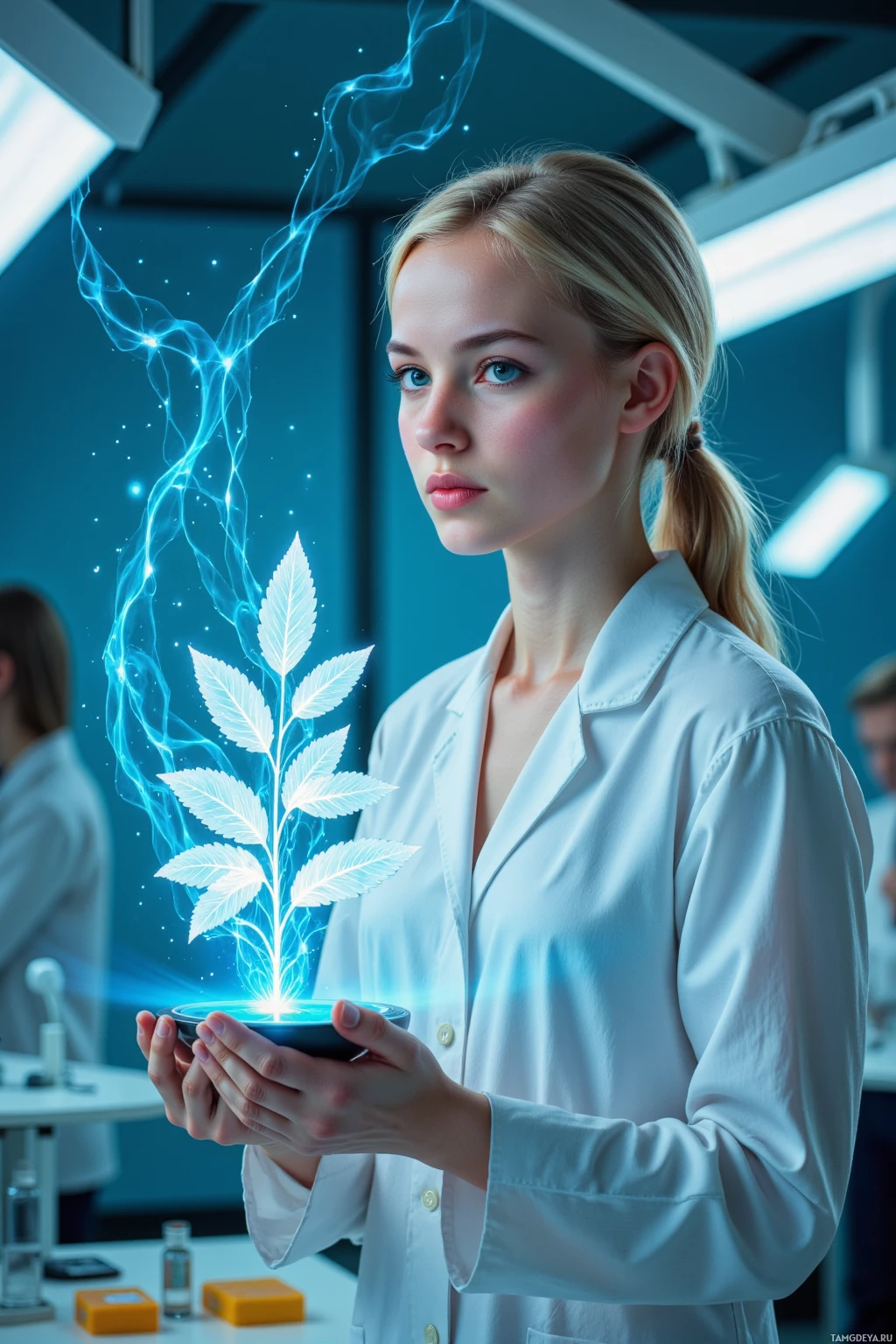 A person in a lab coat holds a glowing, futuristic plant in a small device.