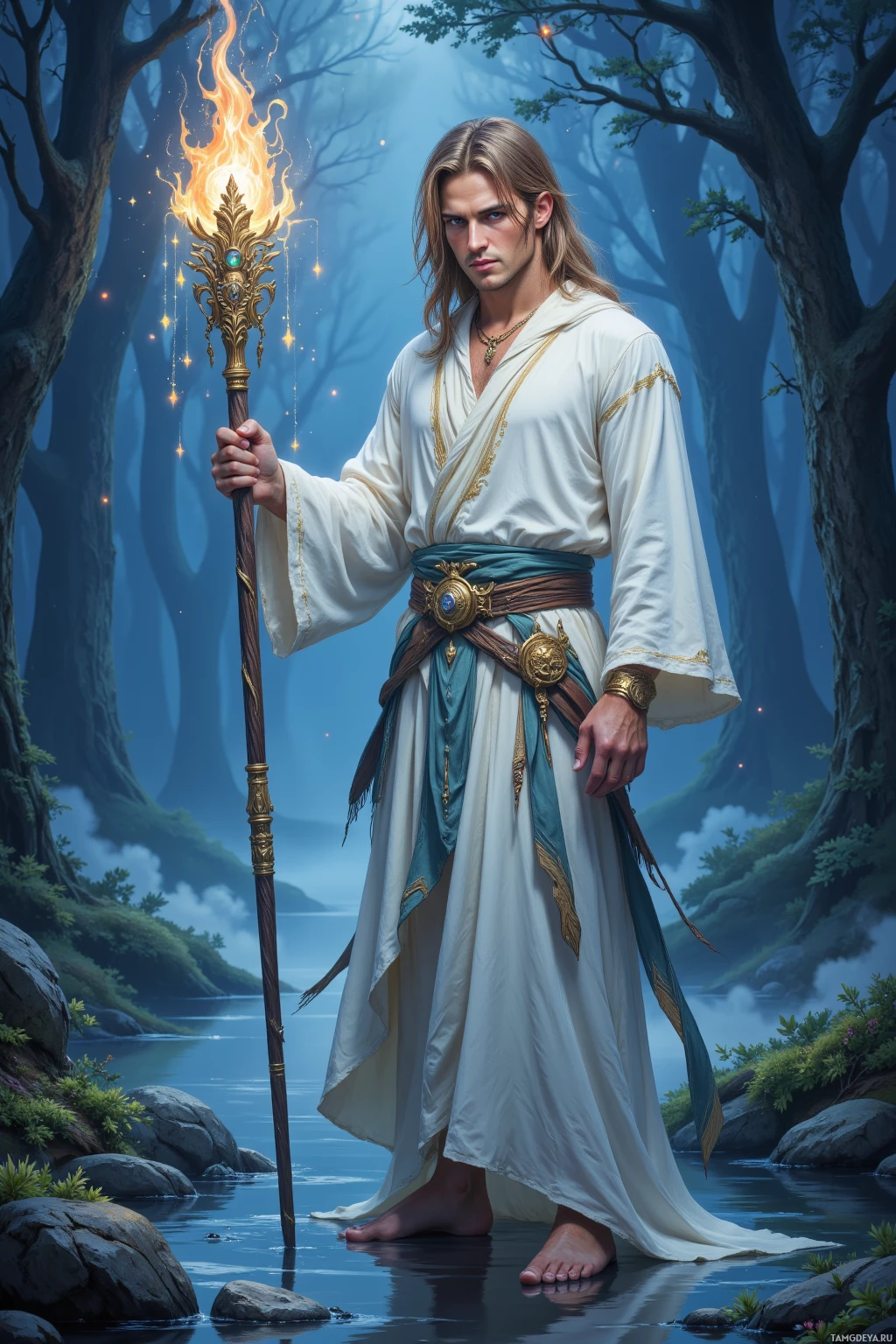 A man in a flowing white robe stands barefoot in a serene forest, holding a glowing staff.