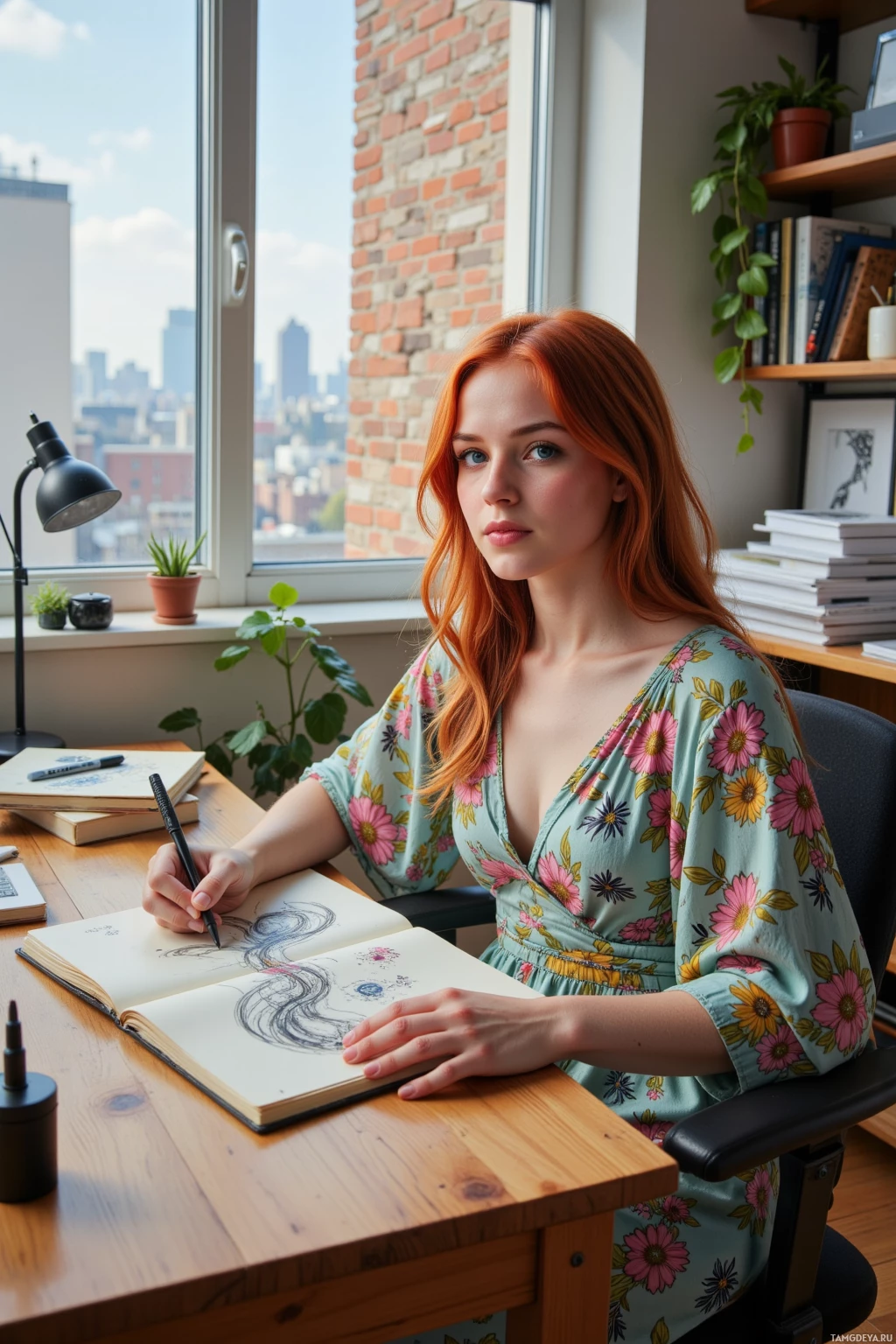 A woman with red hair sits at a desk, sketching in a notebook with a cityscape visible through the window behind her.