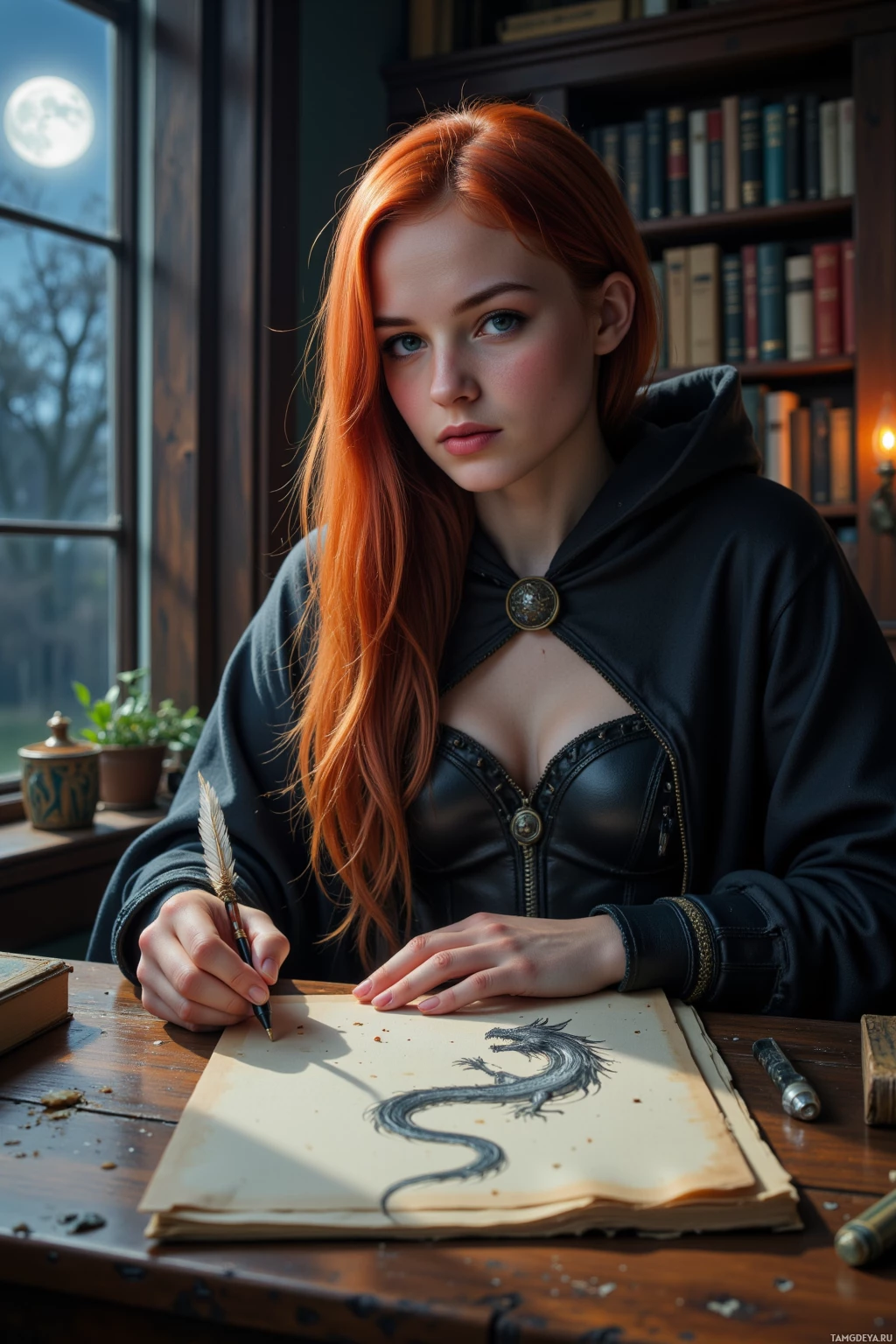 A woman with long red hair sits at a desk, drawing a dragon on a piece of paper.