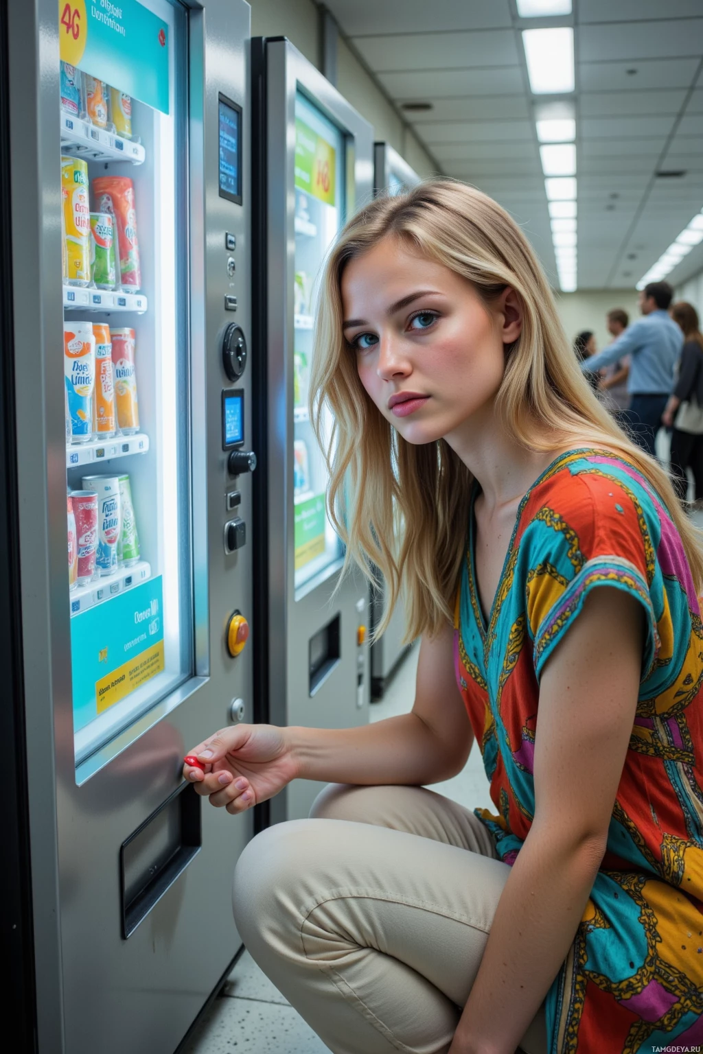 A woman in a colorful dress is kneeling next to a vending machine.
