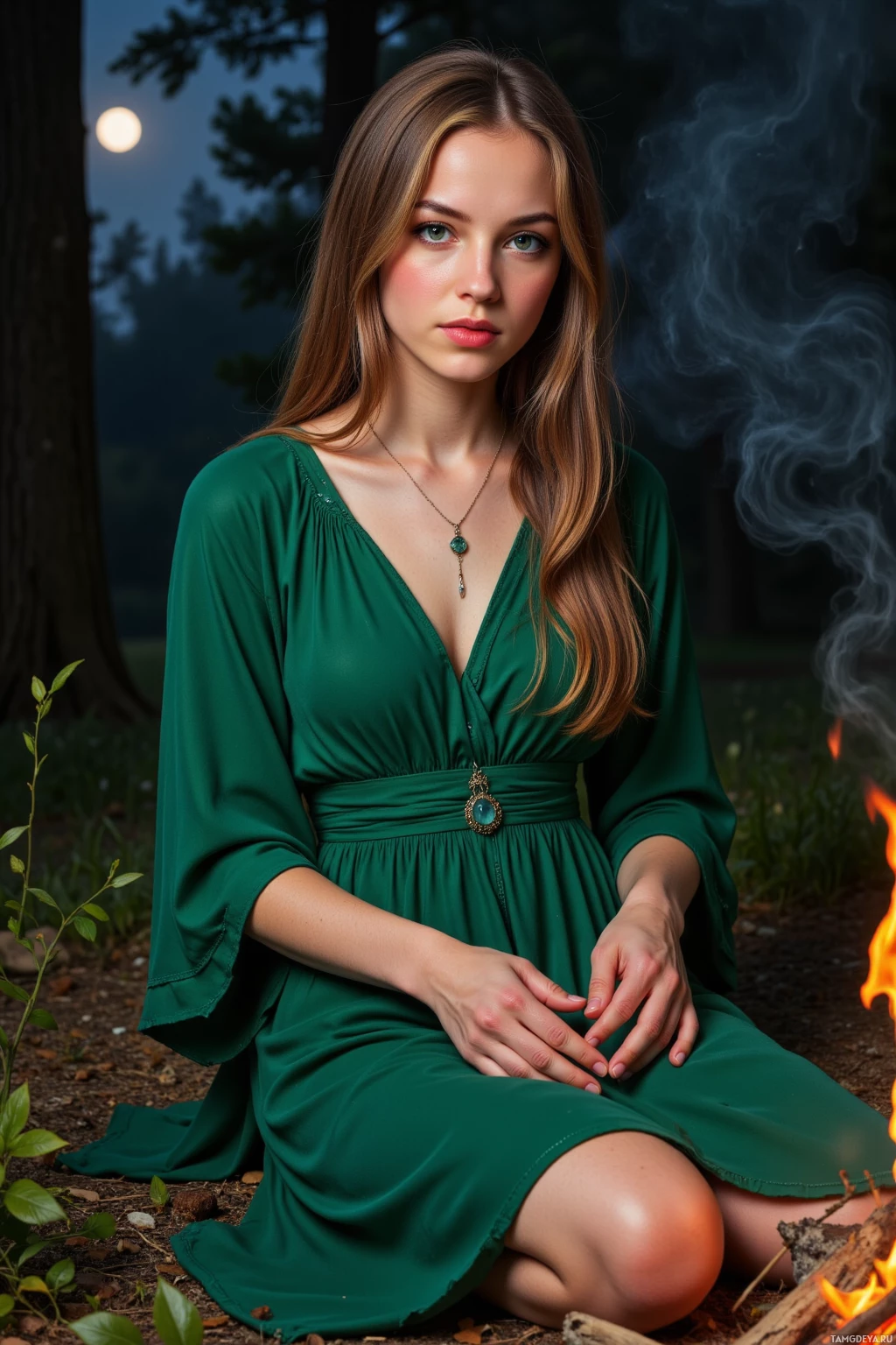 A woman in a green dress sits by a campfire at night.