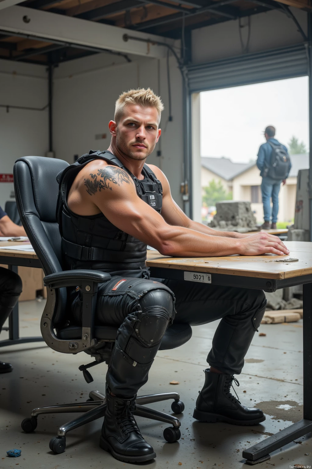 A muscular individual in tactical gear sits at a desk in a garage-like setting.