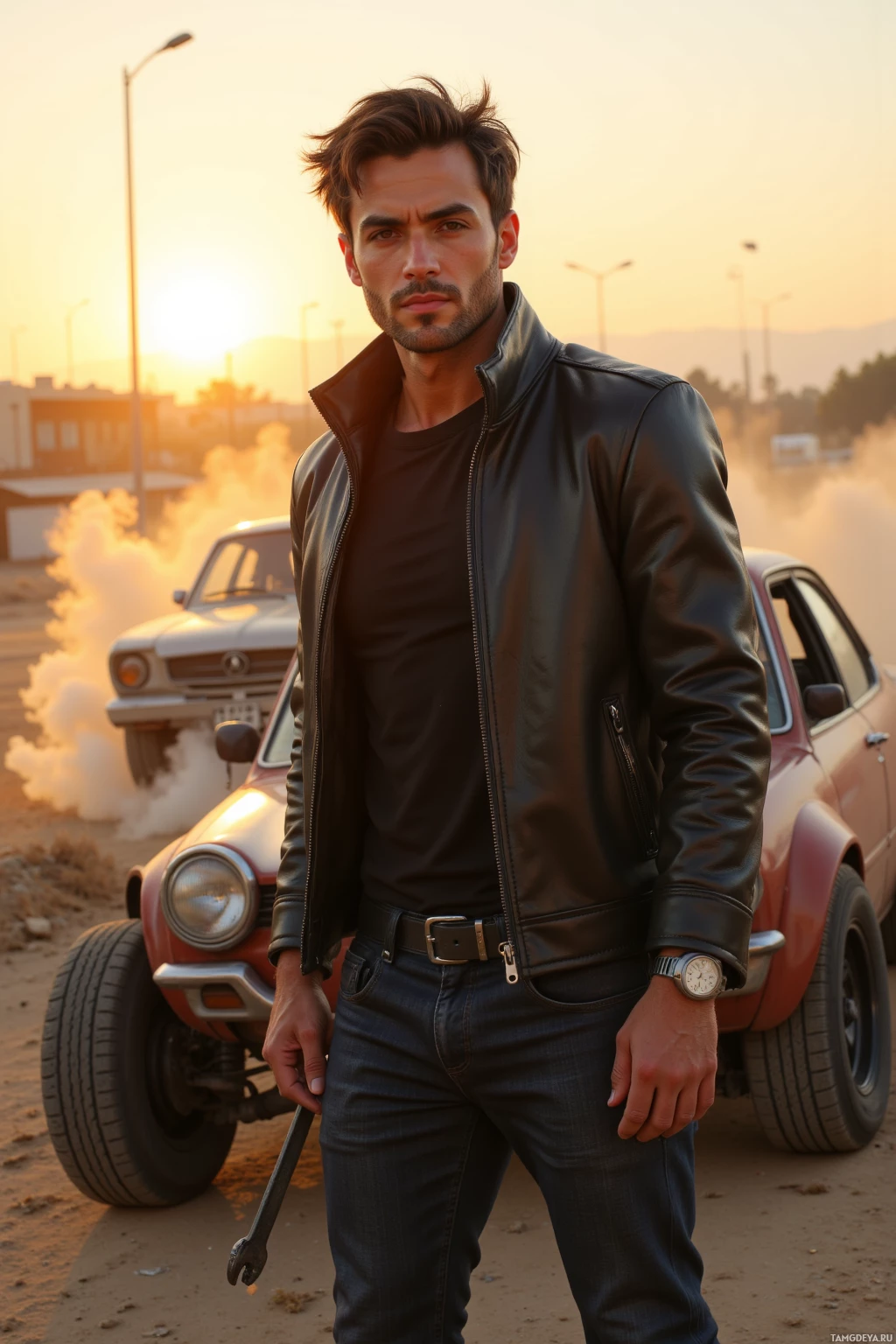 A man in a leather jacket stands in front of a car with smoke in the background.