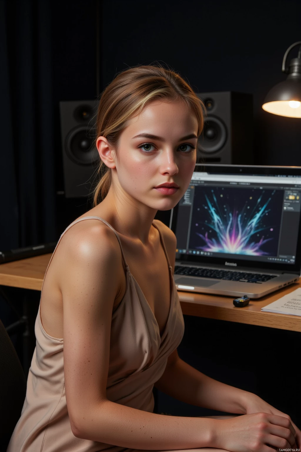 A woman in a beige dress sits at a desk with a laptop and speakers in the background.