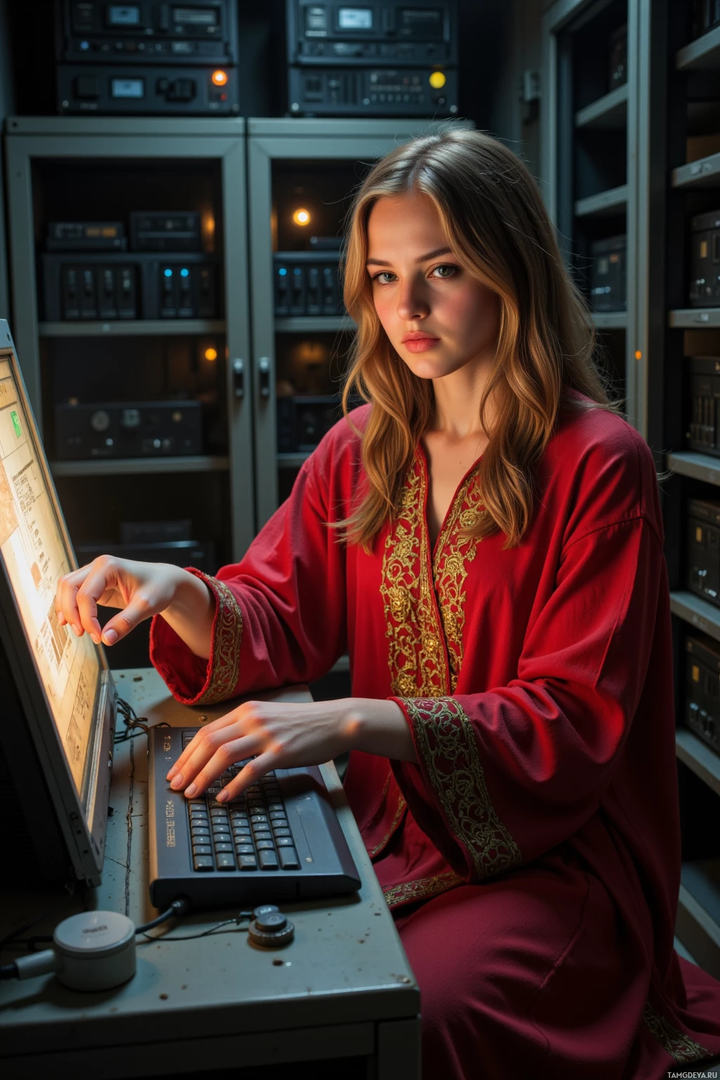 A woman in a red dress works on a computer in a server room.