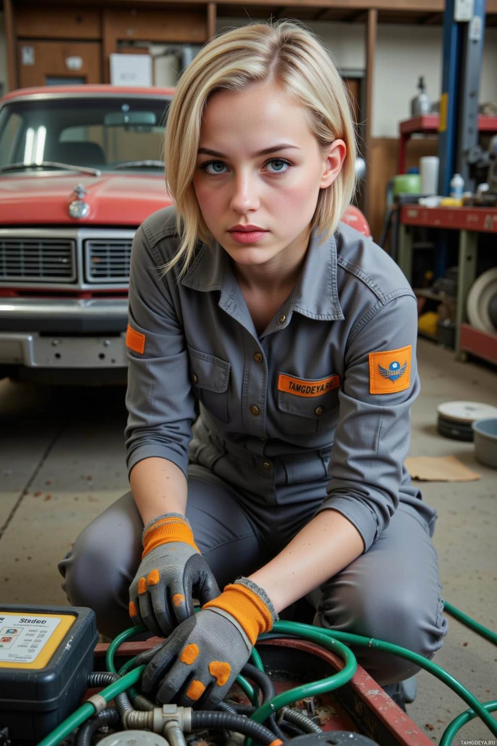 A person in a mechanic's uniform kneels in a workshop, surrounded by tools and equipment.