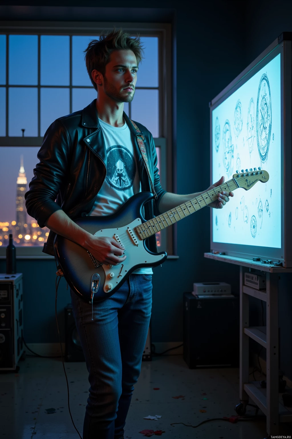 A person stands in a dimly lit room holding a guitar, with a projection screen and cityscape visible in the background.