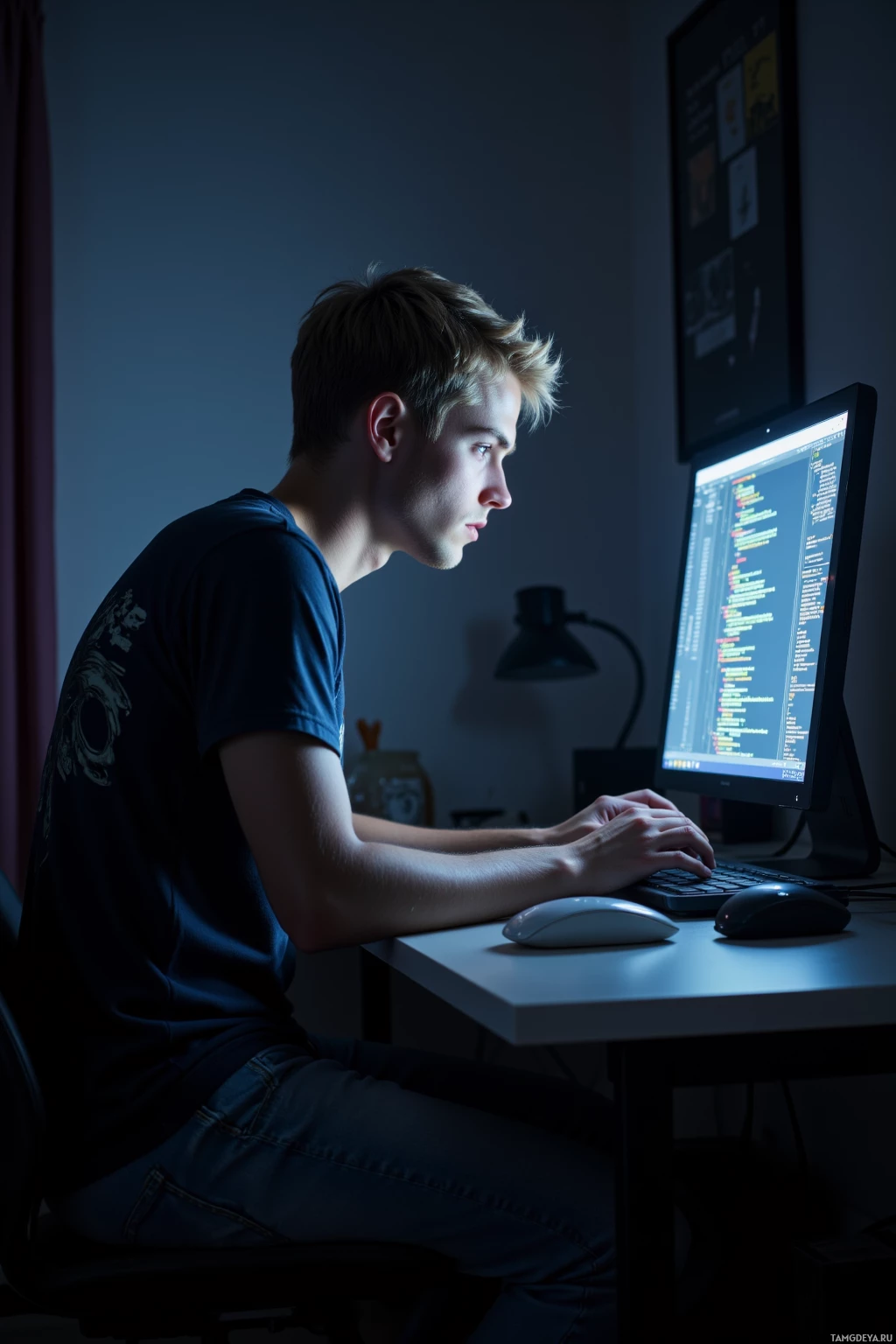 A person is sitting at a desk, working on a computer in a dimly lit room.