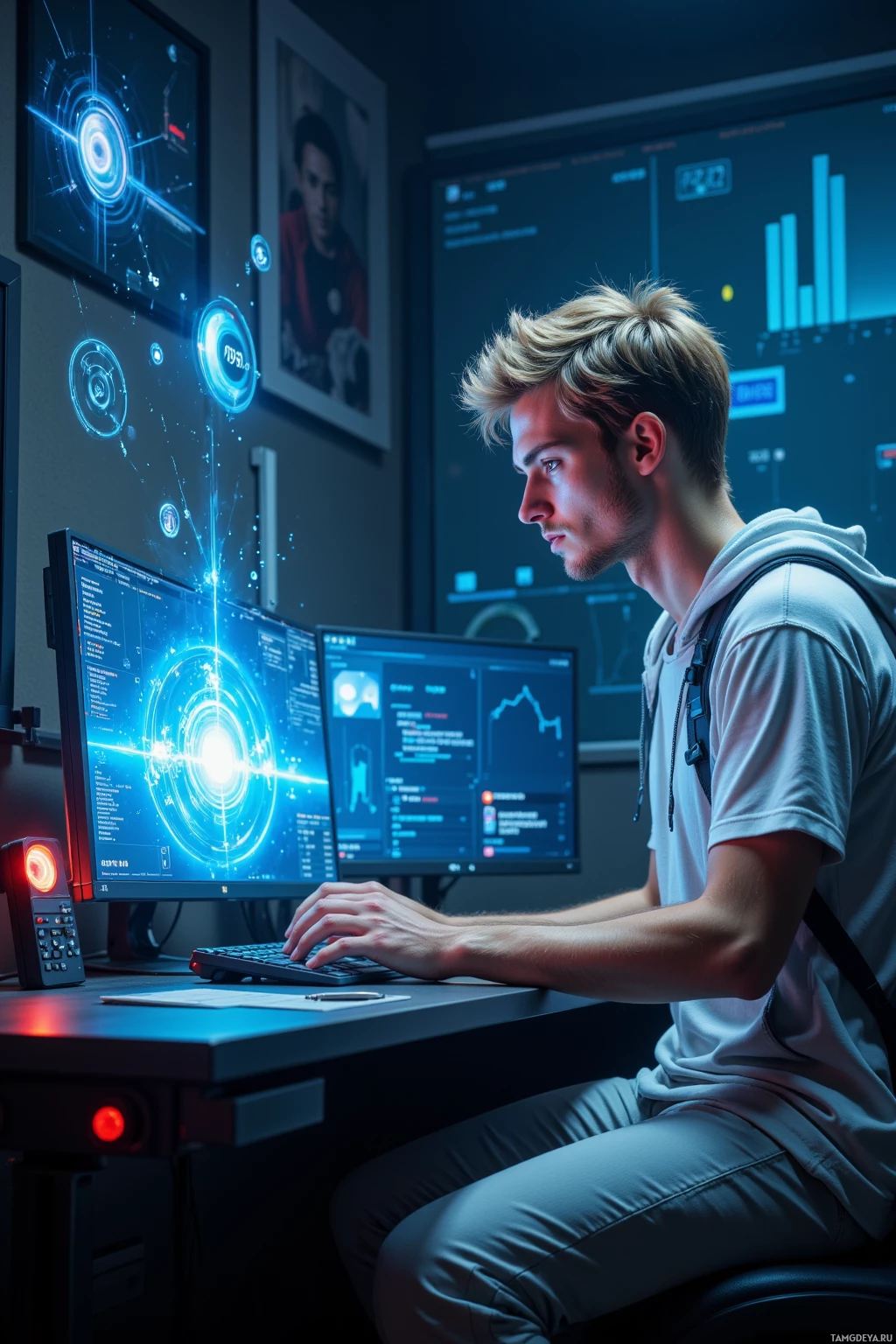 A person is working at a desk with multiple computer monitors displaying futuristic graphics and data.