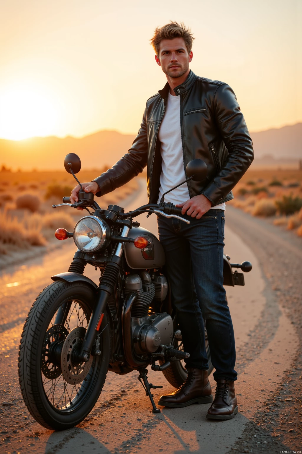 A man stands beside a motorcycle on a desert road at sunset.