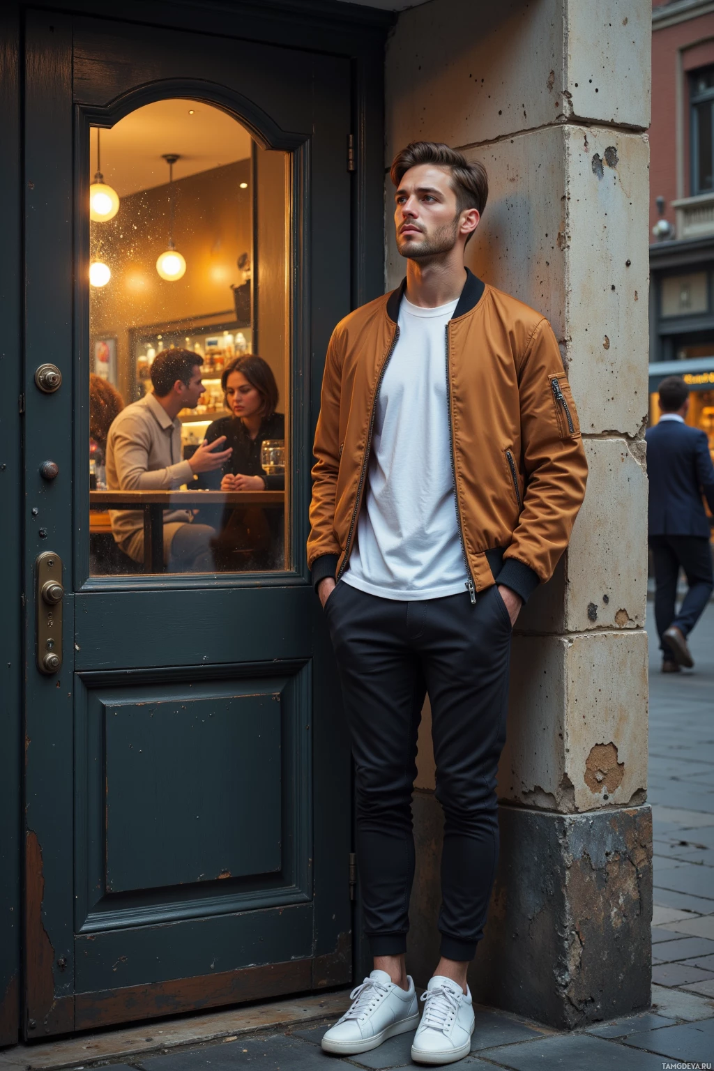 A man stands leaning against a pillar outside a shop, wearing a brown jacket, white shirt, and black pants.