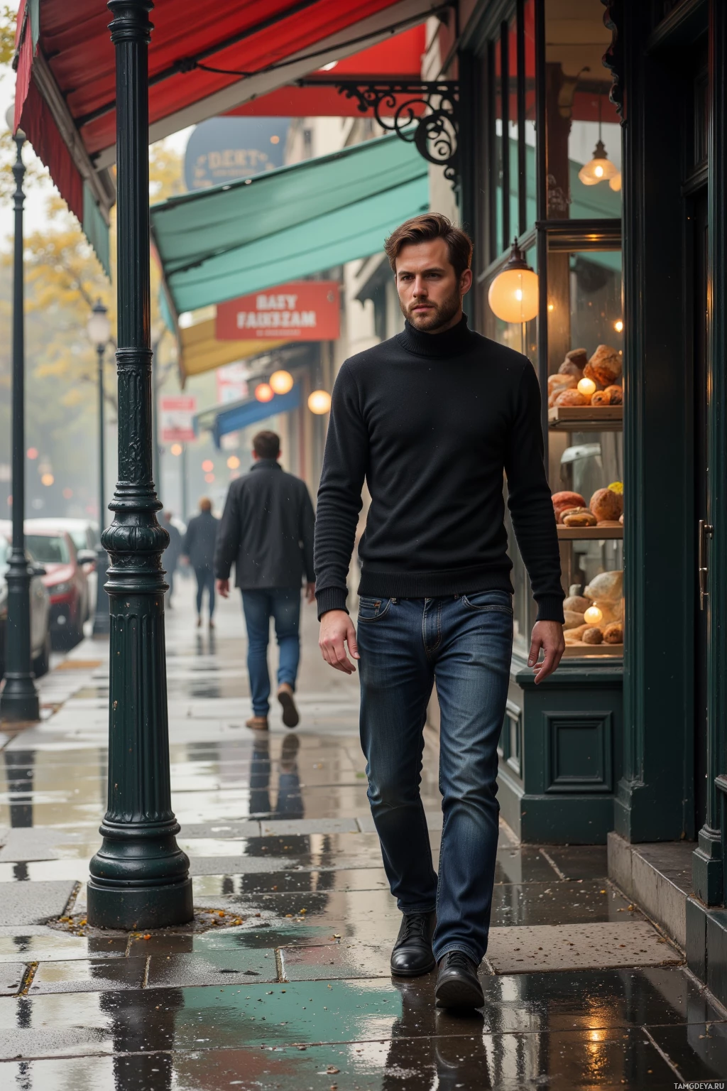 A man in a black turtleneck sweater and jeans walks down a wet street in front of a bakery.