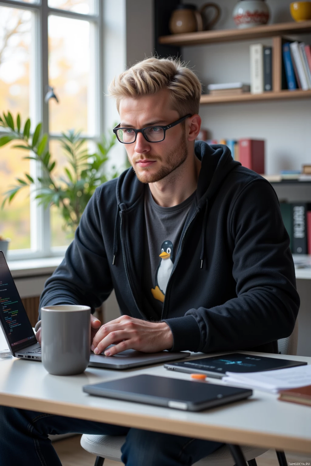A person wearing glasses and a hoodie is sitting at a desk with a laptop and a mug, appearing focused.