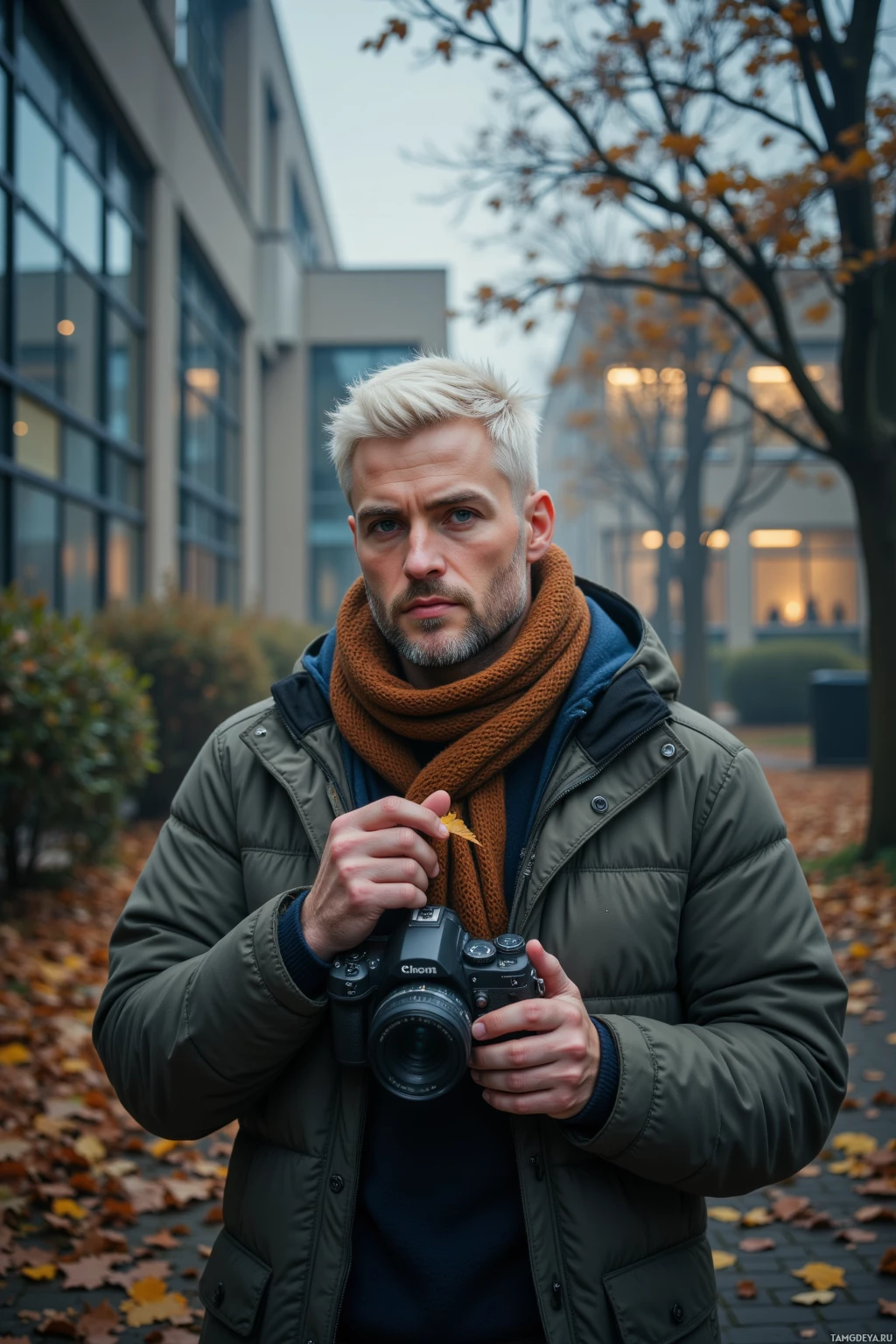 A person wearing a green jacket and brown scarf holds a camera, standing outdoors with autumn leaves and a building in the background.