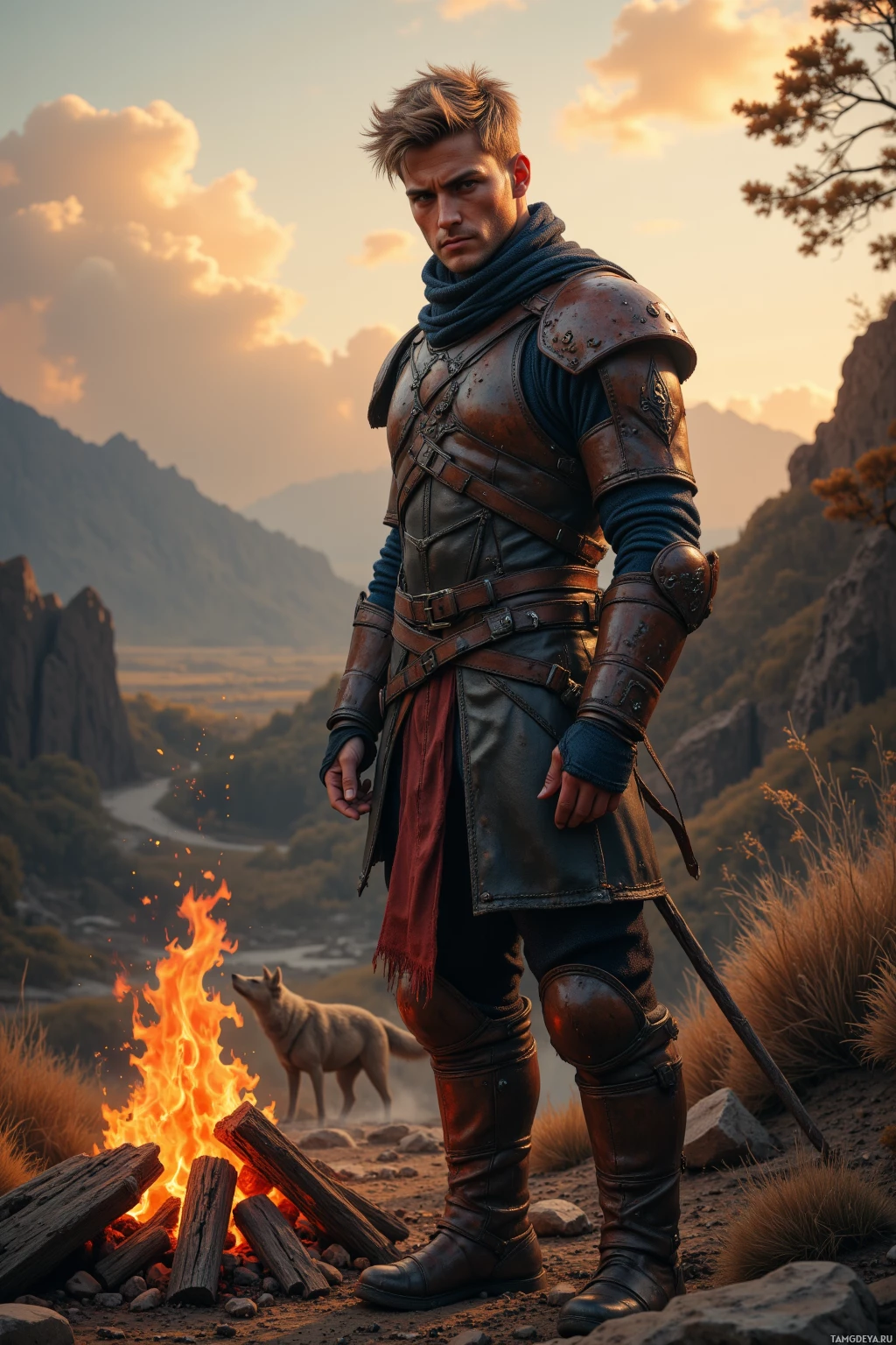 A warrior in leather armor stands beside a campfire with a wolf in the background, under a sunset sky.