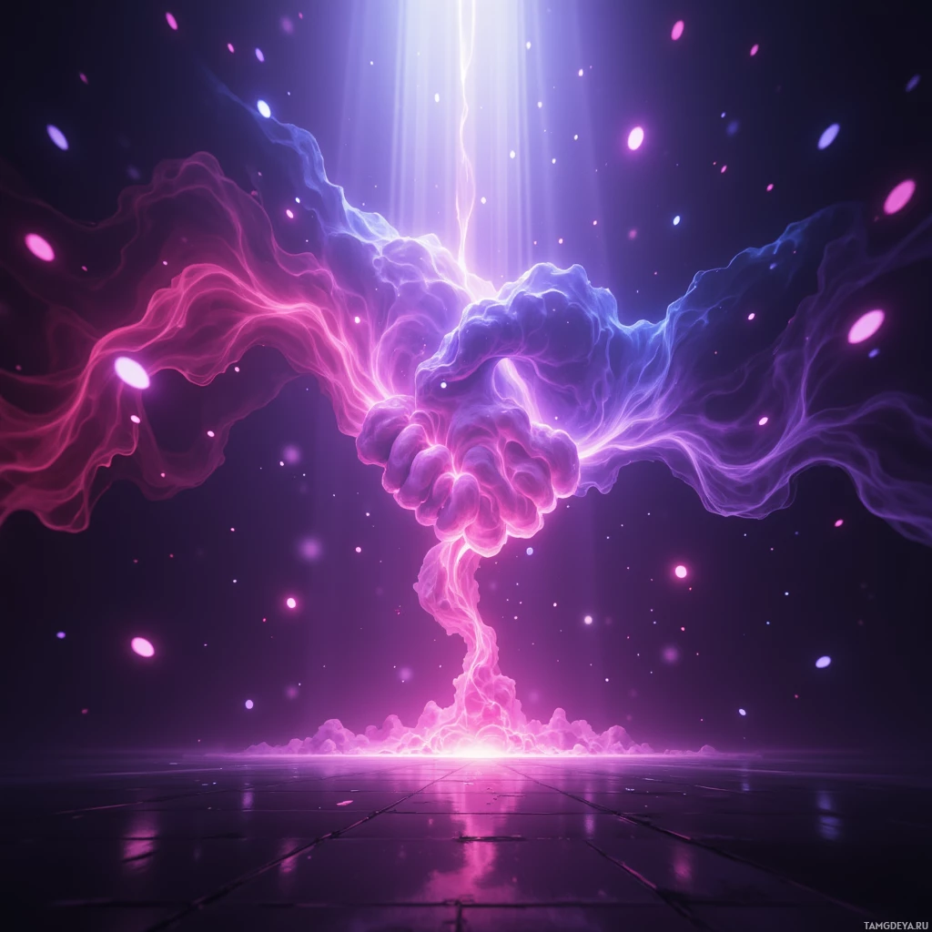 A vibrant, abstract image featuring swirling, ethereal clouds in shades of pink and purple against a dark background.