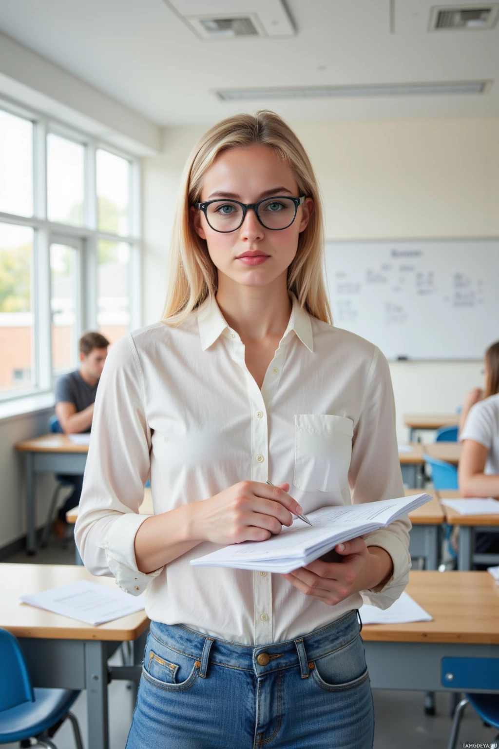 A student in a classroom setting holds a notebook and pen, with a whiteboard and desks in the background.