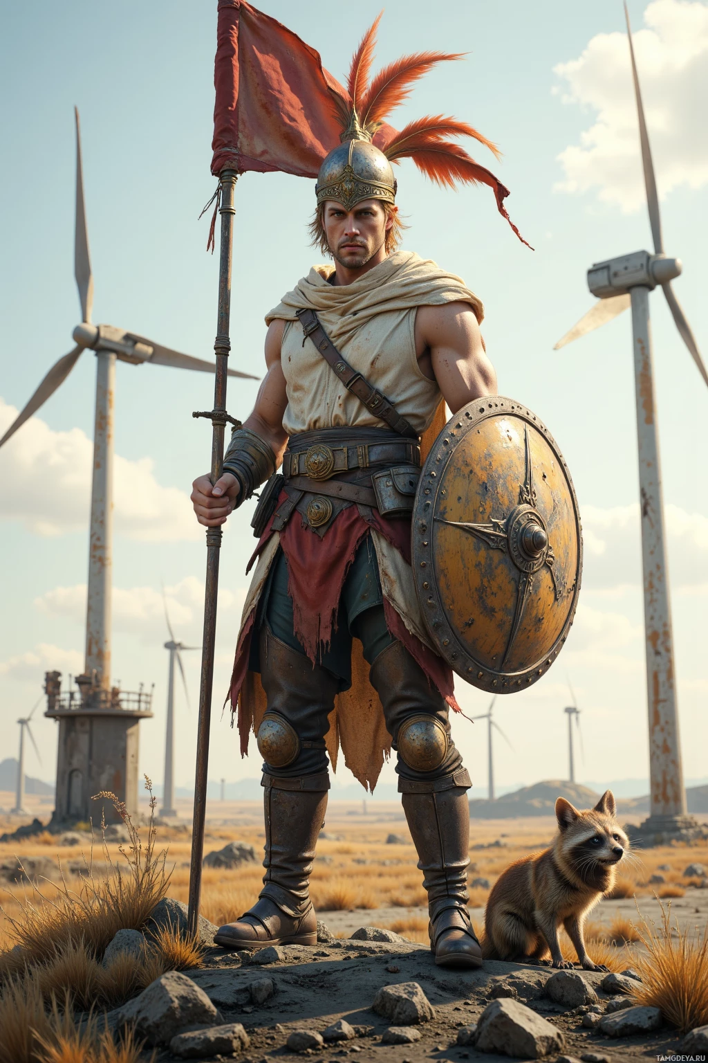 A warrior in armor stands in a rugged landscape with wind turbines in the background.