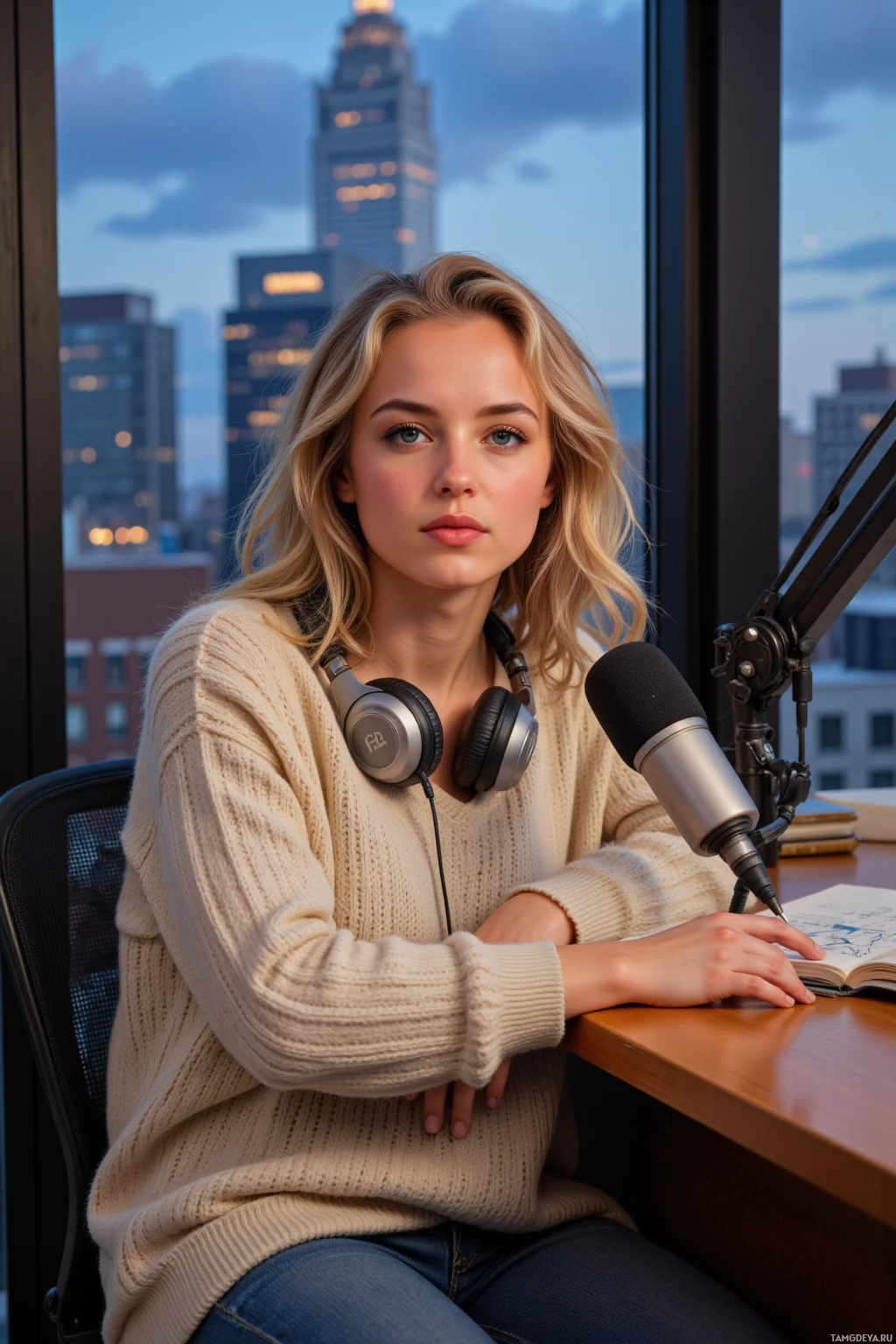 A person sits at a desk with a microphone, headphones, and a cityscape view through the window.