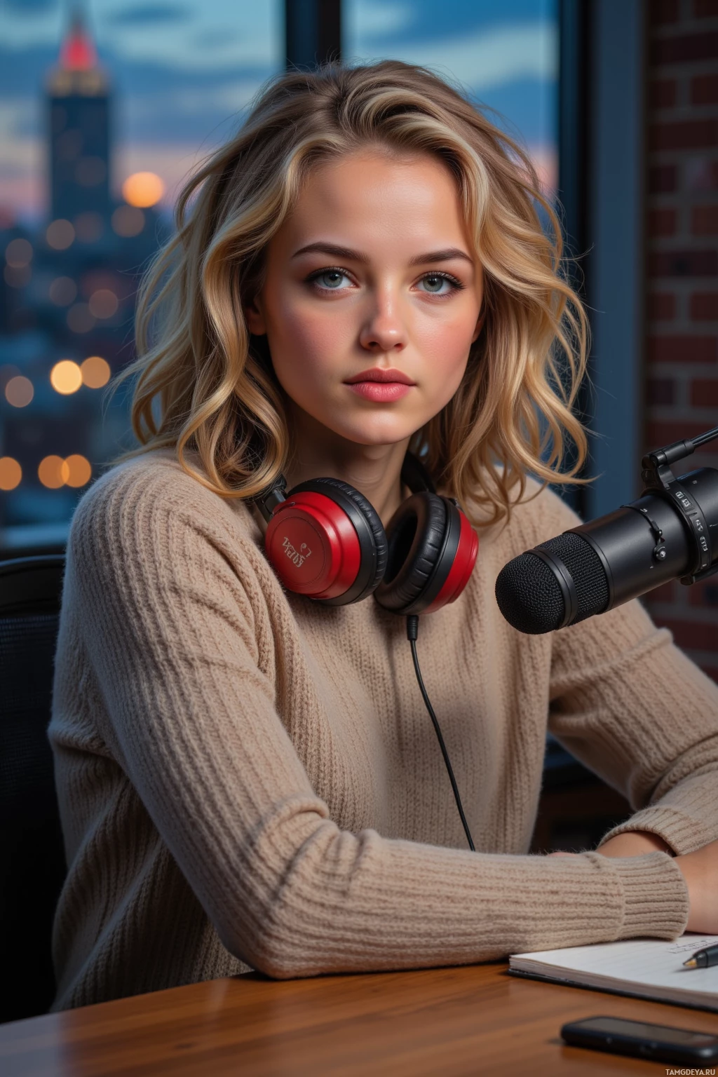 A person wearing headphones sits at a desk with a microphone and notebook, against a cityscape backdrop.