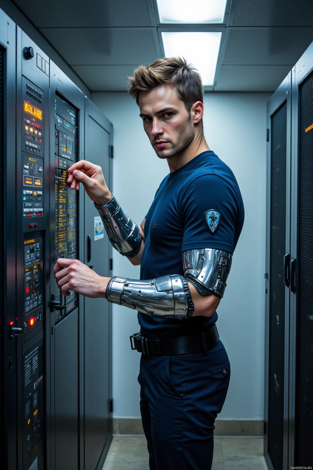 A man in a blue uniform with a metallic arm guard stands in a server room, interacting with a control panel.