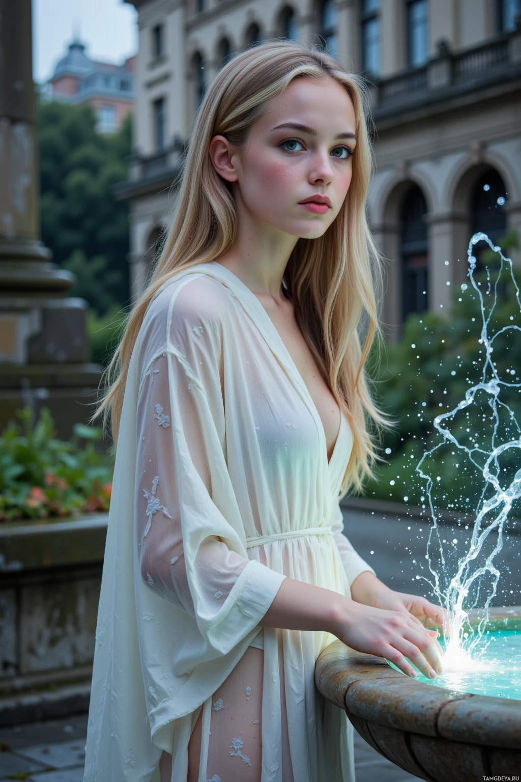 A woman in a light-colored dress stands beside a fountain in an urban setting.